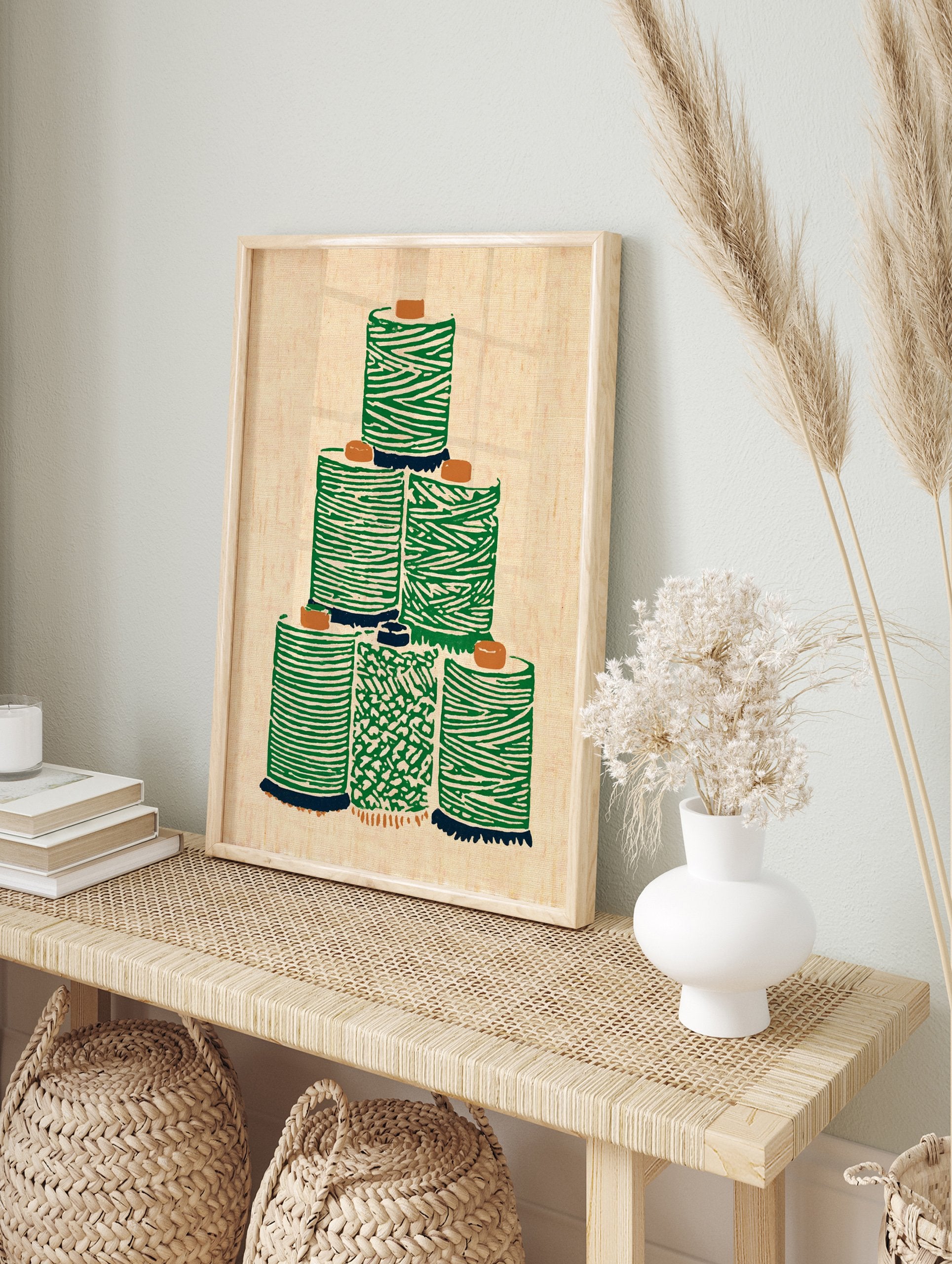 Green thread spool wall art illustration stacked on a light beige background with an illustrative, textured style. - Image 3