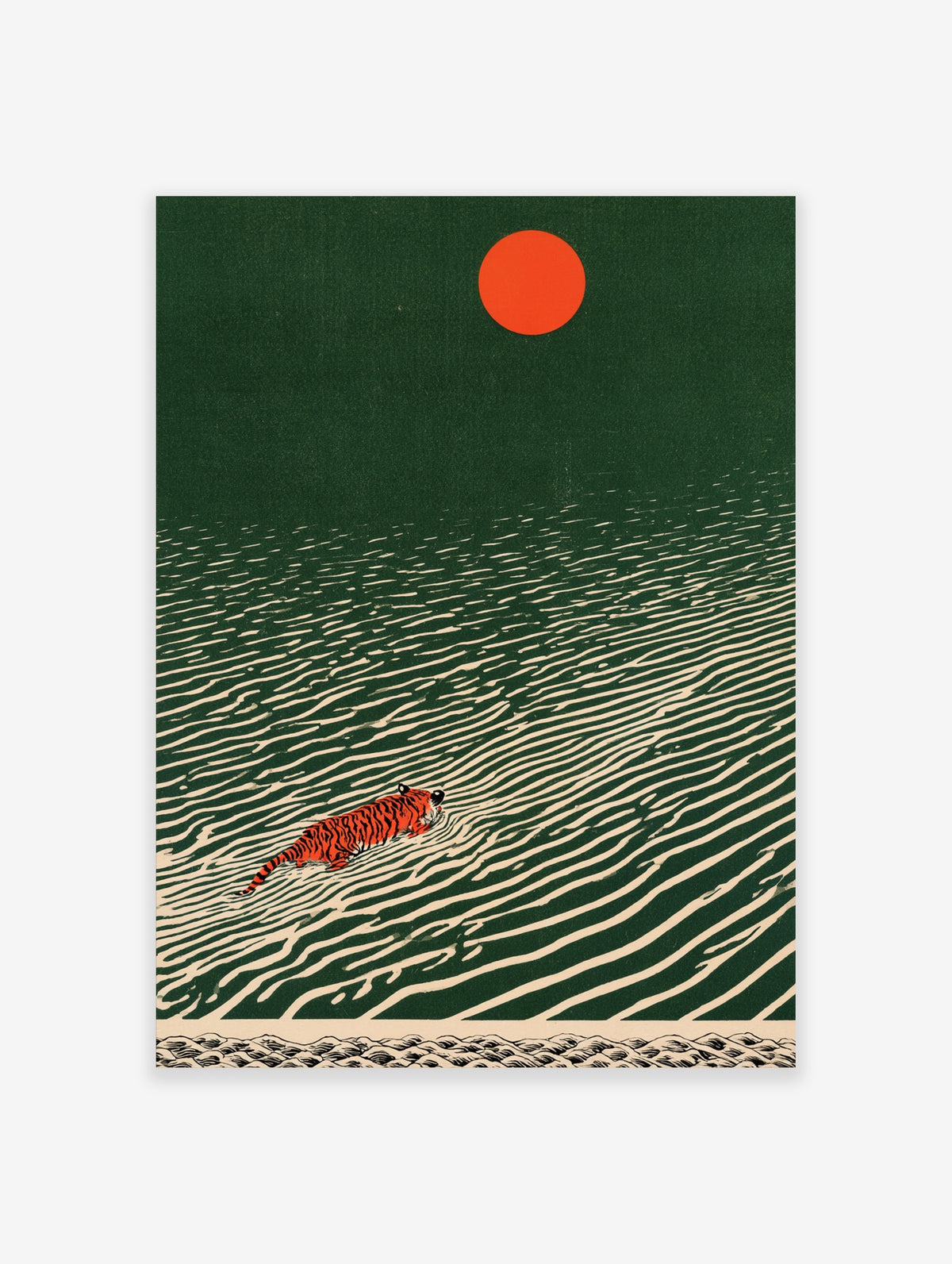 Green tiger swimming poster with red sun and cream wave lines on deep green background