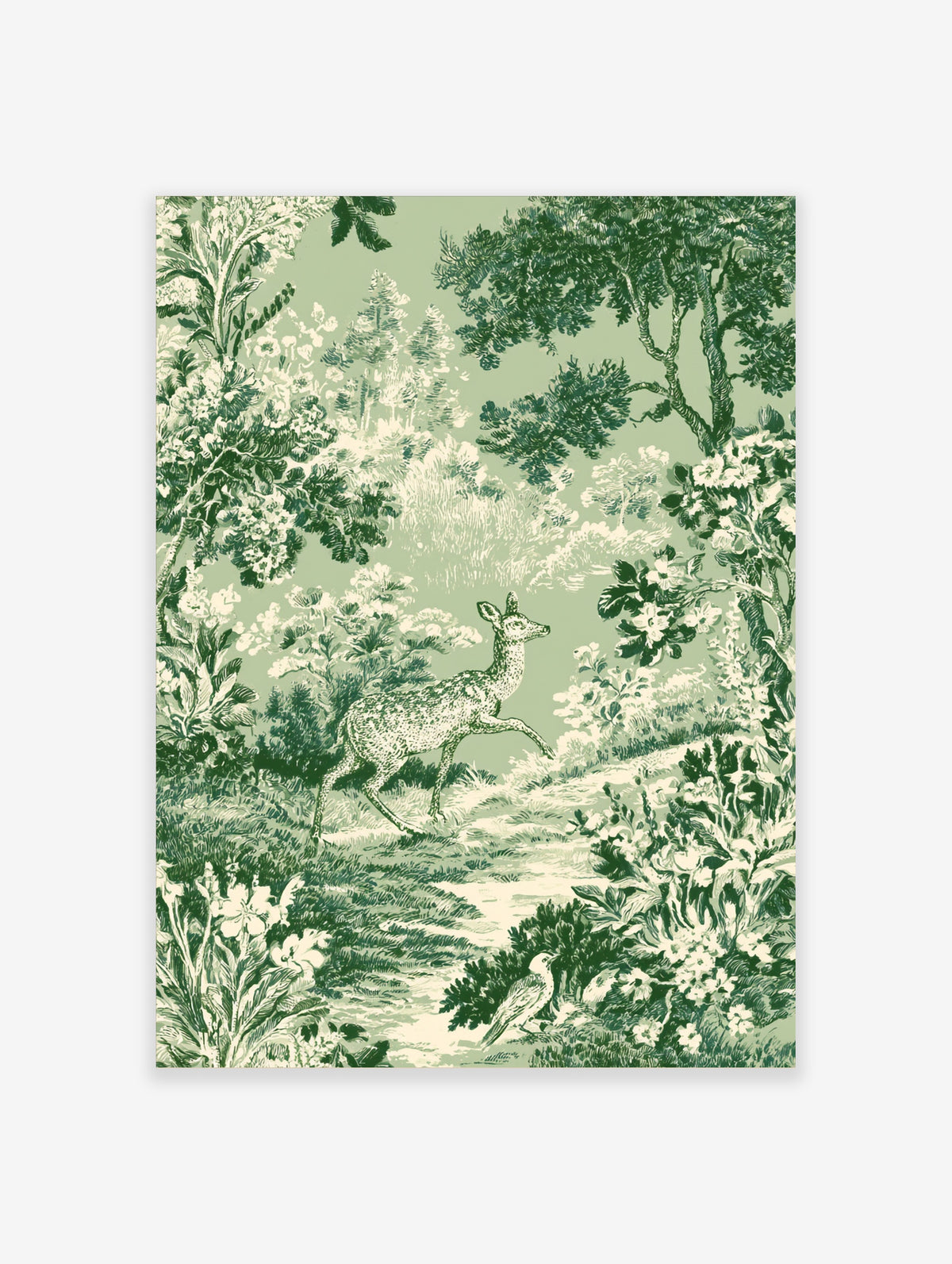 Green toile deer wall art with leaping spotted deer, woodland trees, and white flowers