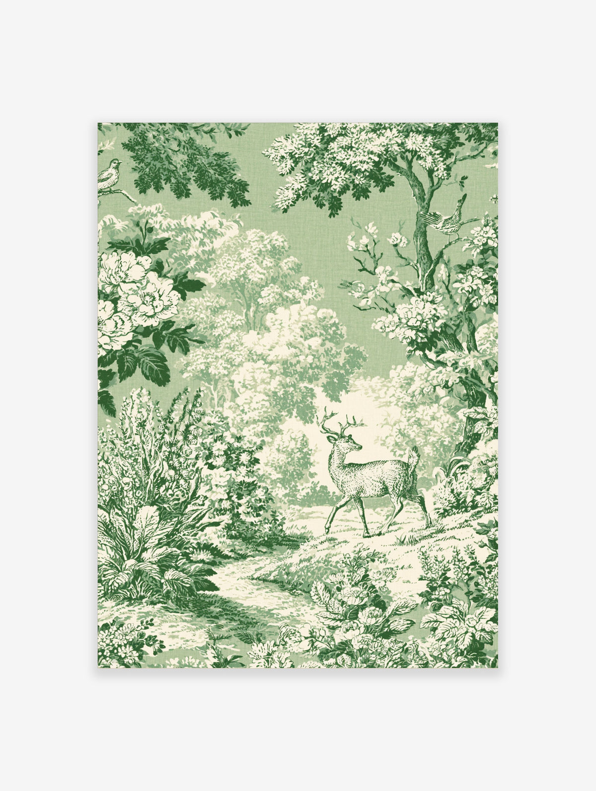 Green toile deer art print with walking stag, songbirds, and blooming trees on sage background