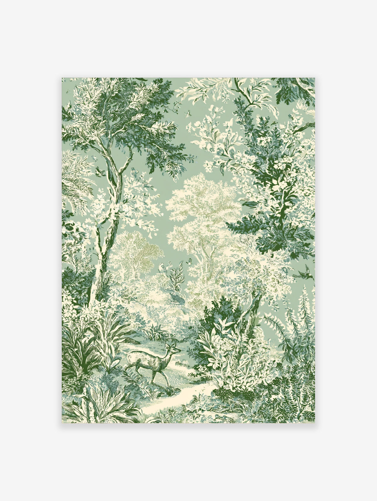 Green toile forest art print with deer, birds, and dense woodland foliage