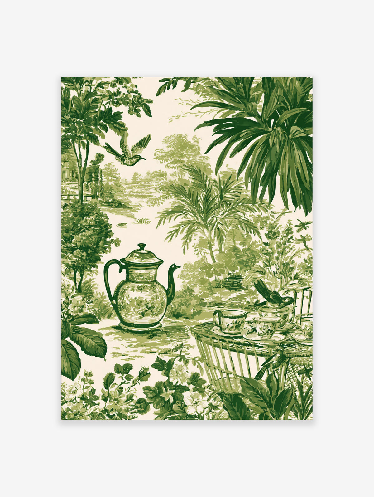 Green toile tea set print with teapot, teacups, birds and garden foliage on cream background