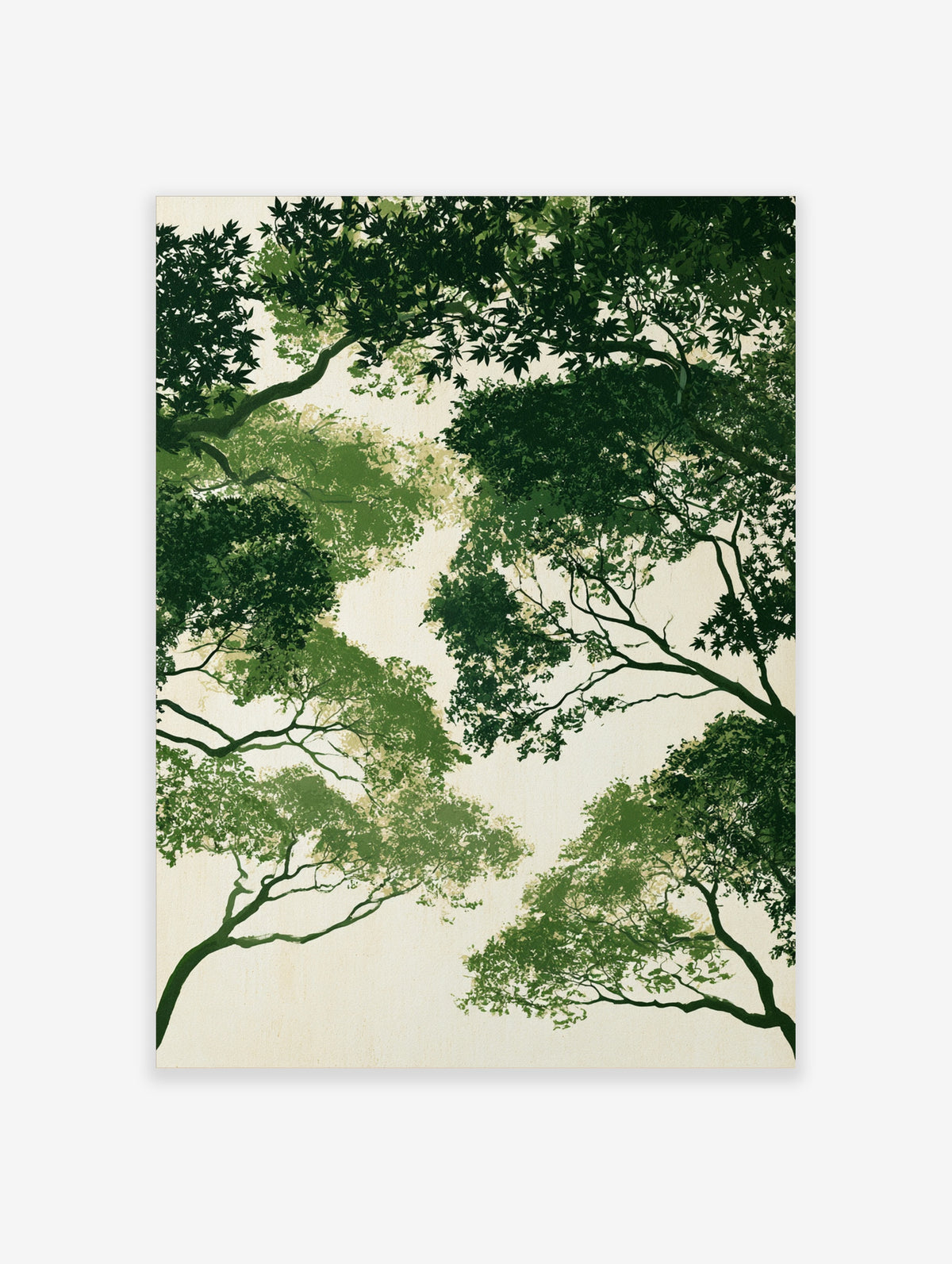 Green tree canopy art print with layered leaves and branches on a pale background