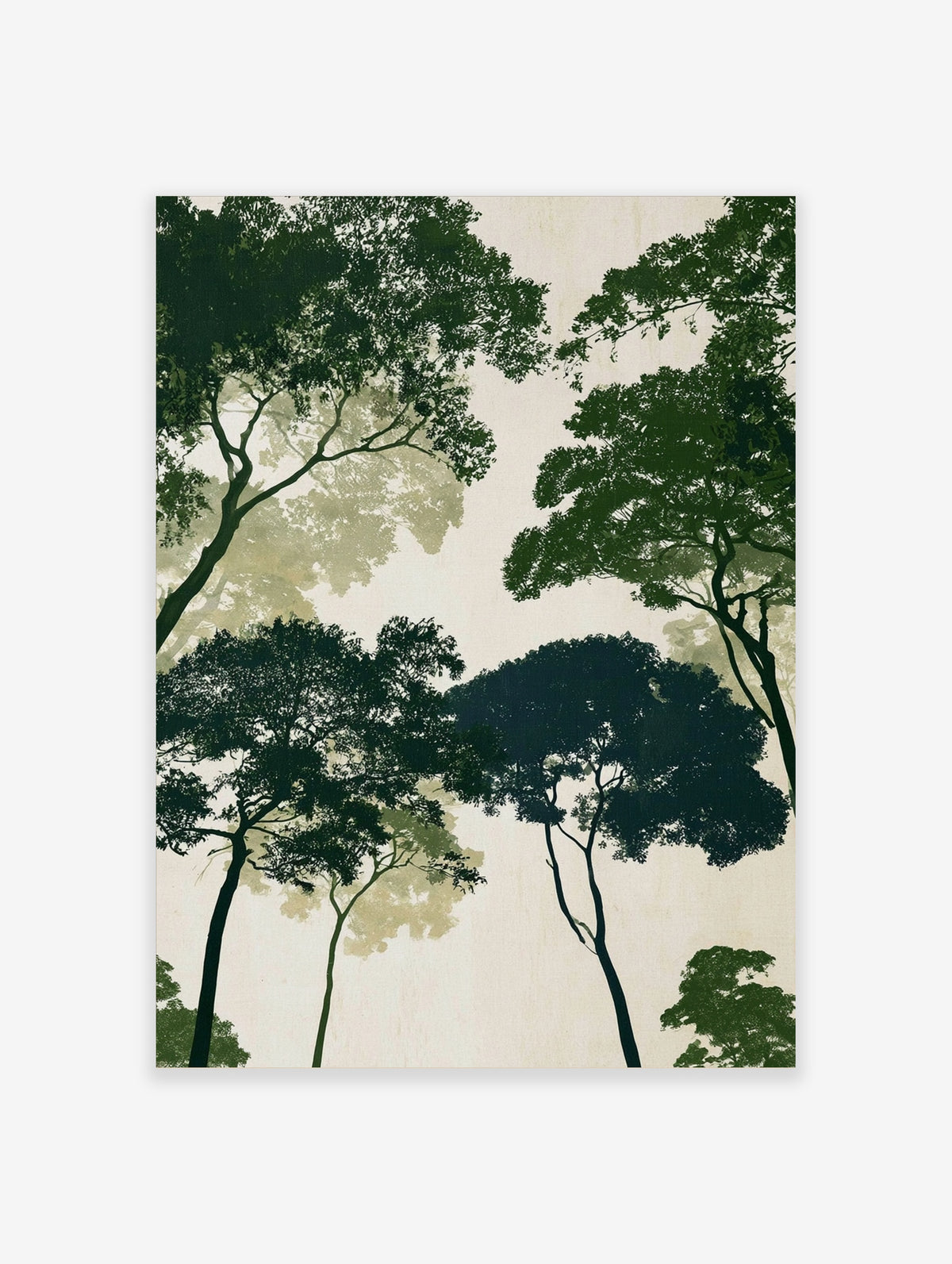 Green tree canopy art print with layered forest foliage and pale cream sky