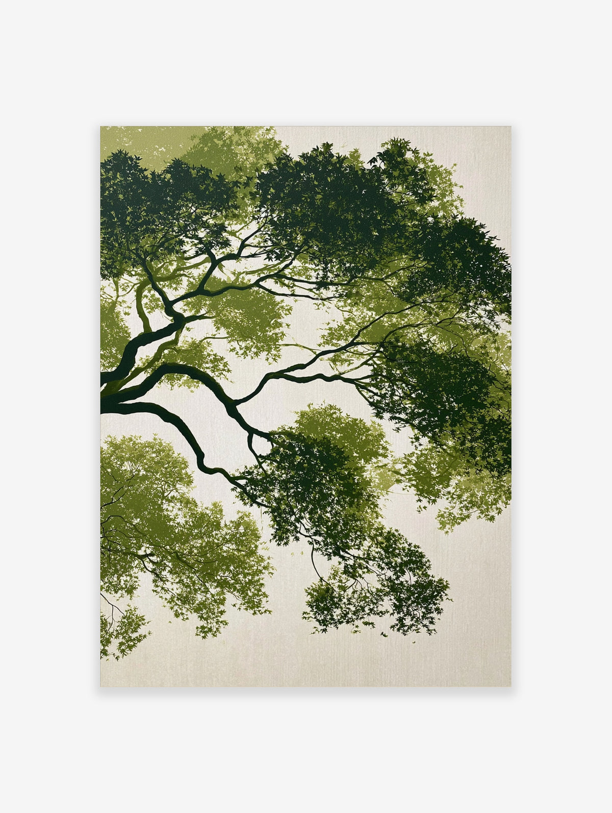 Green tree canopy art print with layered leaves and dark branches on a pale background