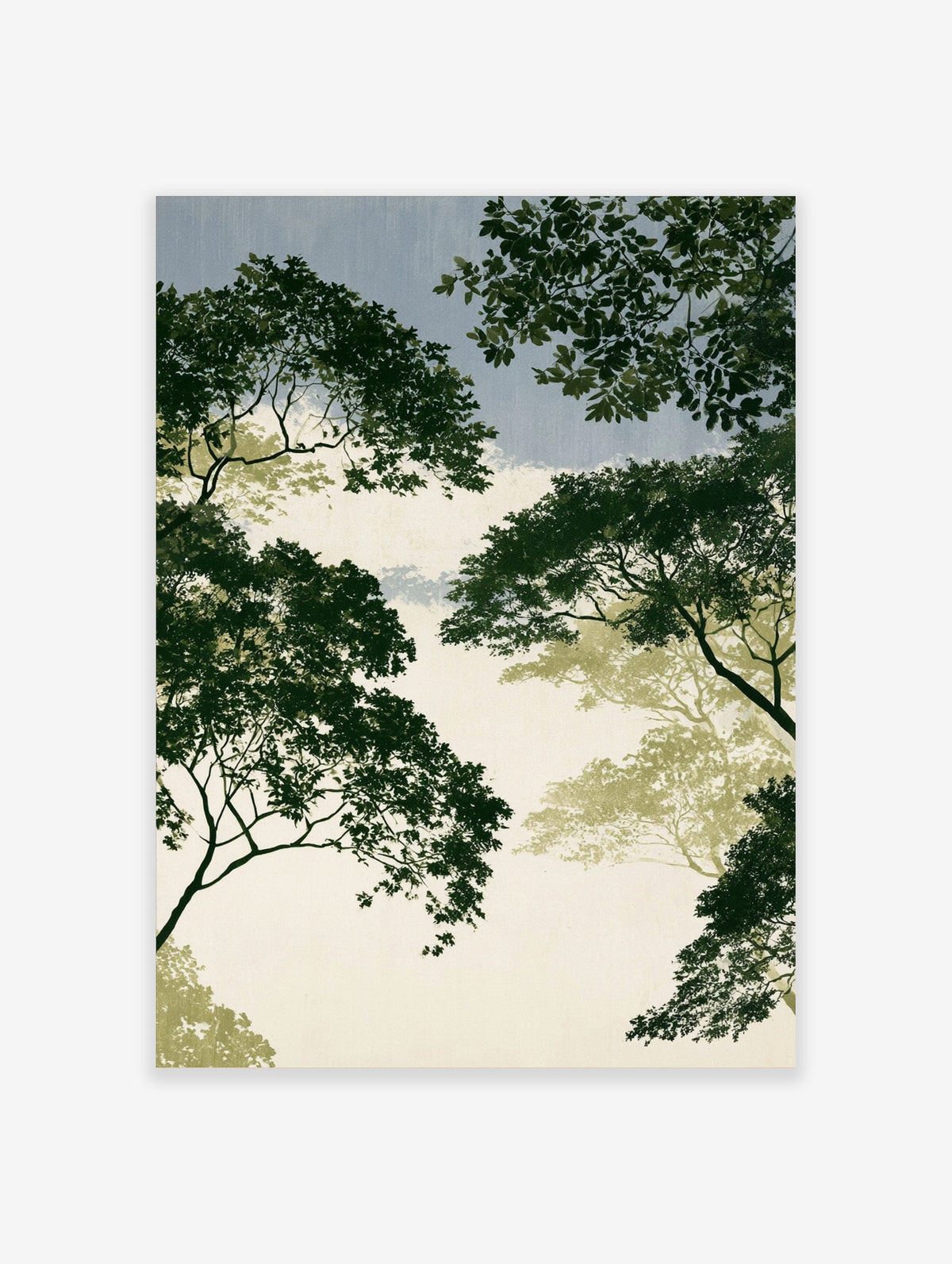 Low-angle green tree canopy art print with layered leaves and pale blue sky
