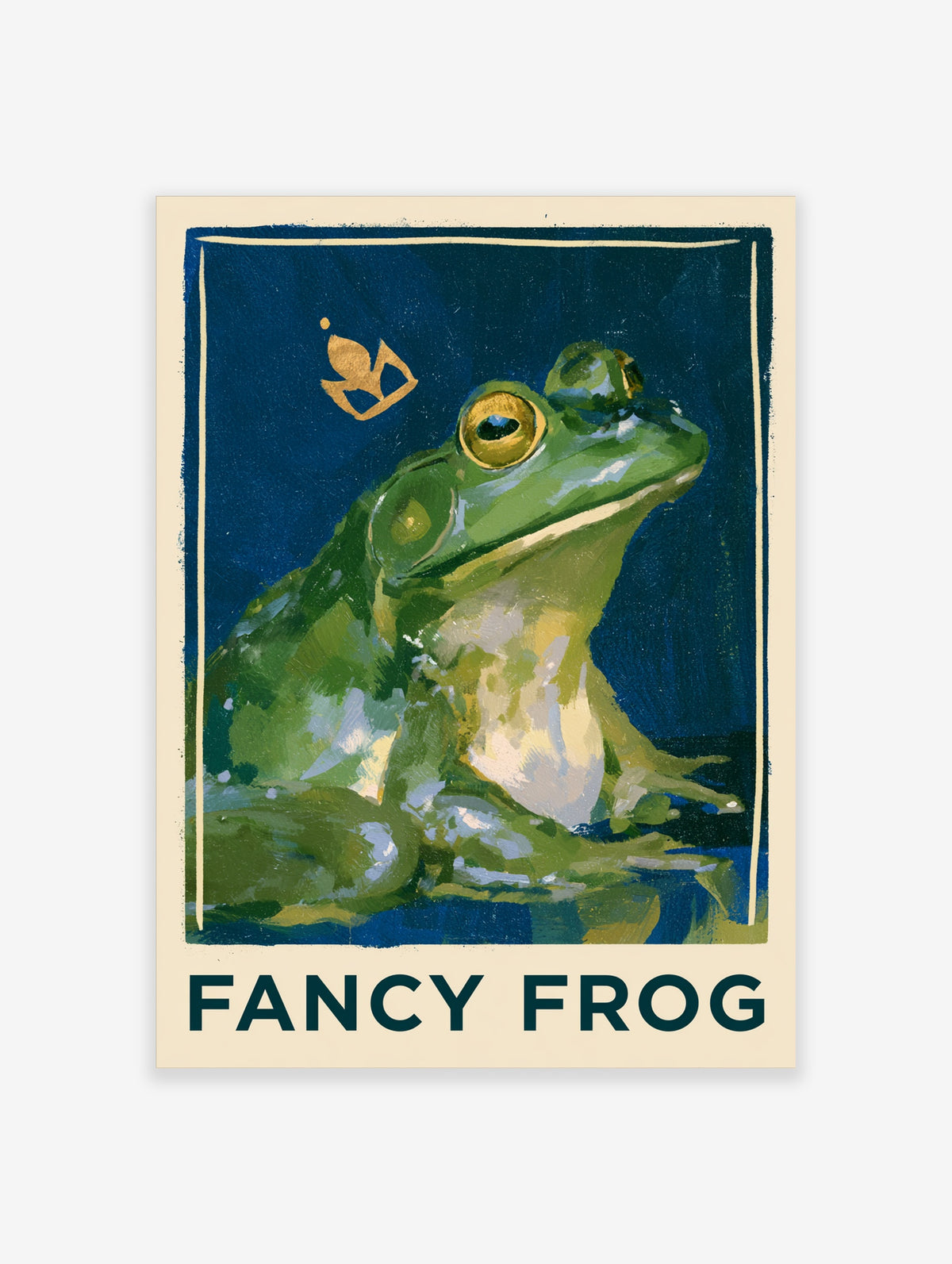 Green tree frog poster with gold FANCY FROG text and leaf motif on navy background