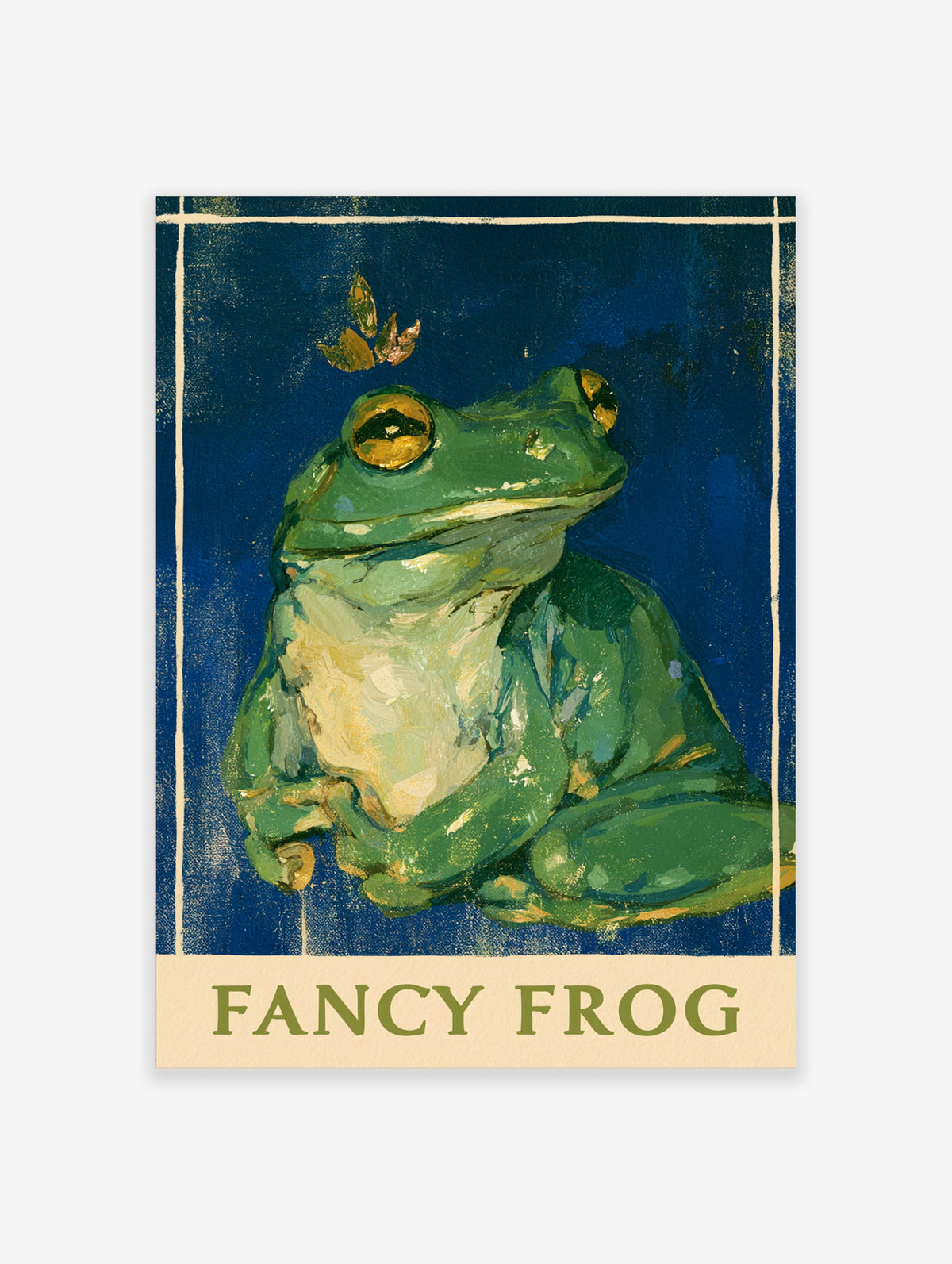 Green tree frog with gold crown and FANCY FROG text on deep blue background art print