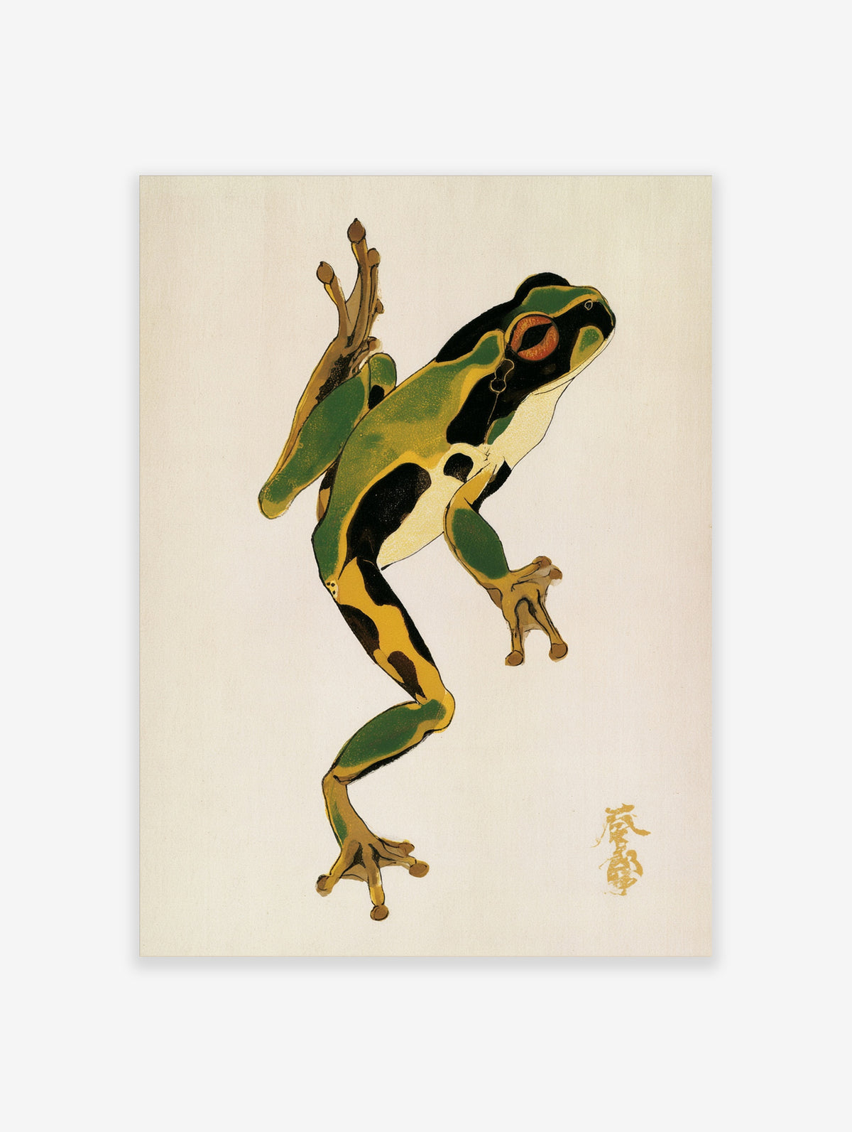 Green tree frog climbing, Japanese woodblock style animal art print with black and yellow markings