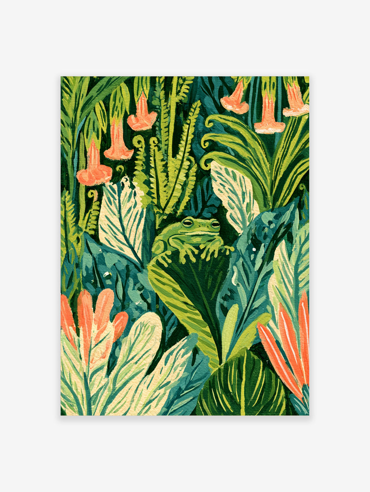 Green tree frog on a leaf with coral trumpet flowers and jungle foliage art print