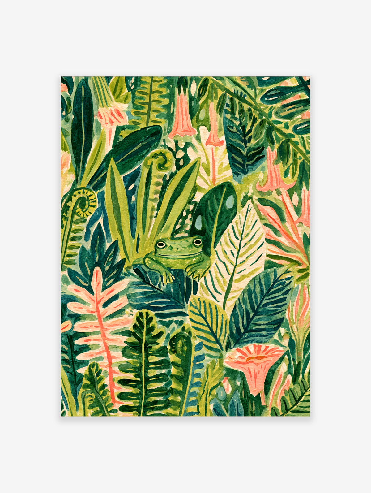 Green tree frog sitting among jungle leaves and pink flowers in a colourful botanical illustration
