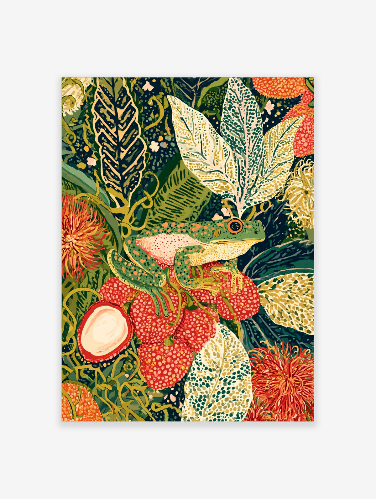 Green tree frog on red rambutan fruit with tropical leaves and orange flowers, colourful jungle art print