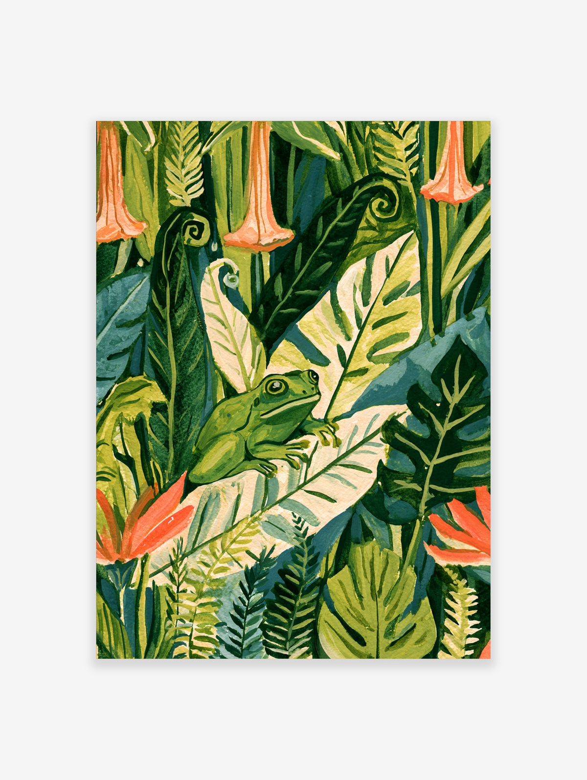 Green tree frog on a leaf with tropical jungle foliage and coral flowers, vertical art print