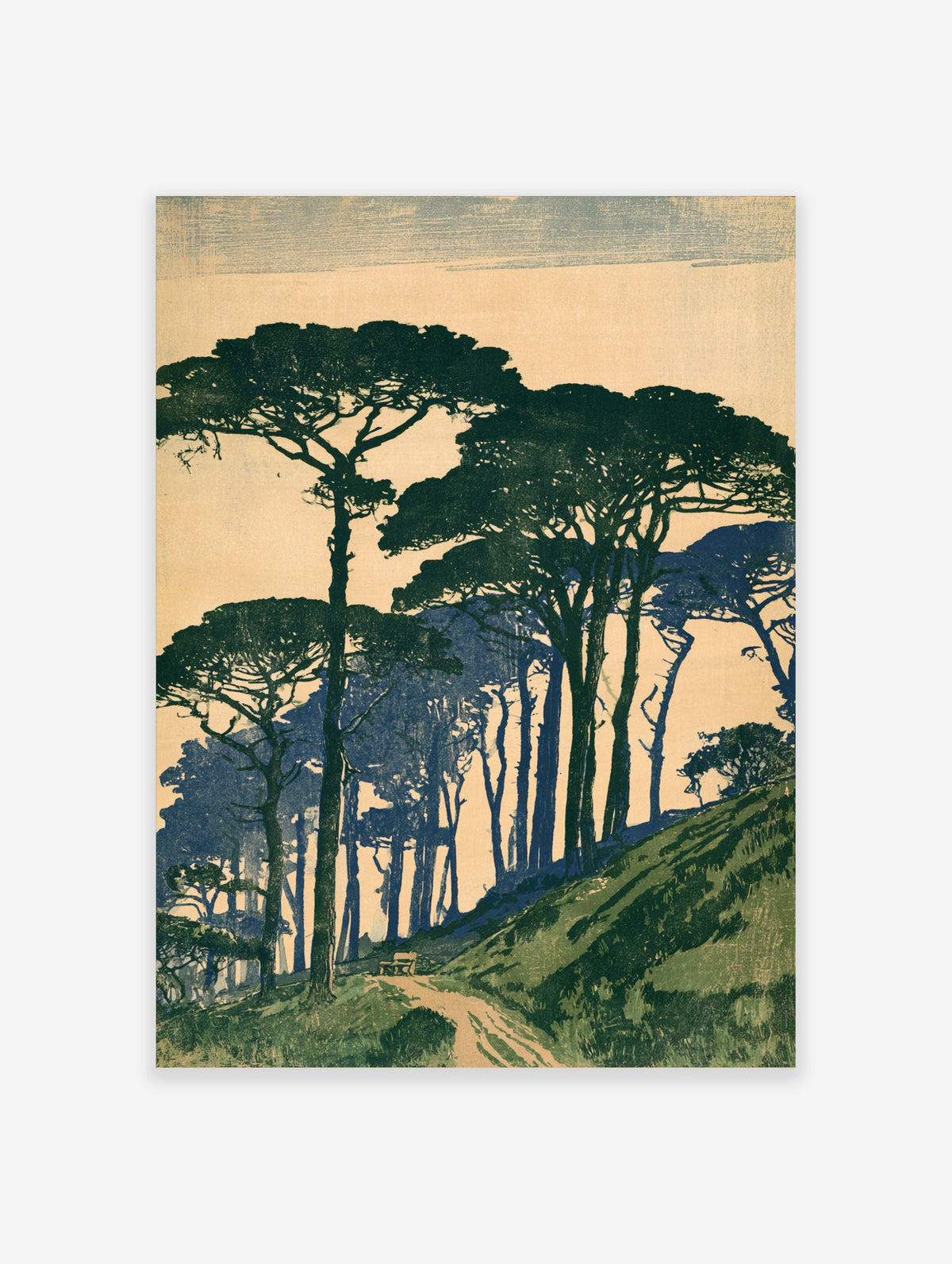 Green tree landscape poster with tall pines on a grassy slope and winding path in Japanese woodblock style