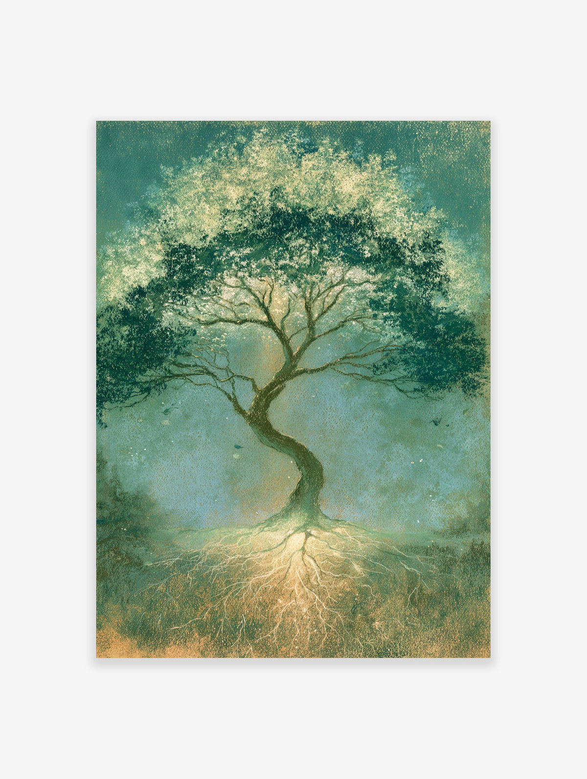 Green tree of life art print with twisting trunk, pale roots, and textured teal canopy