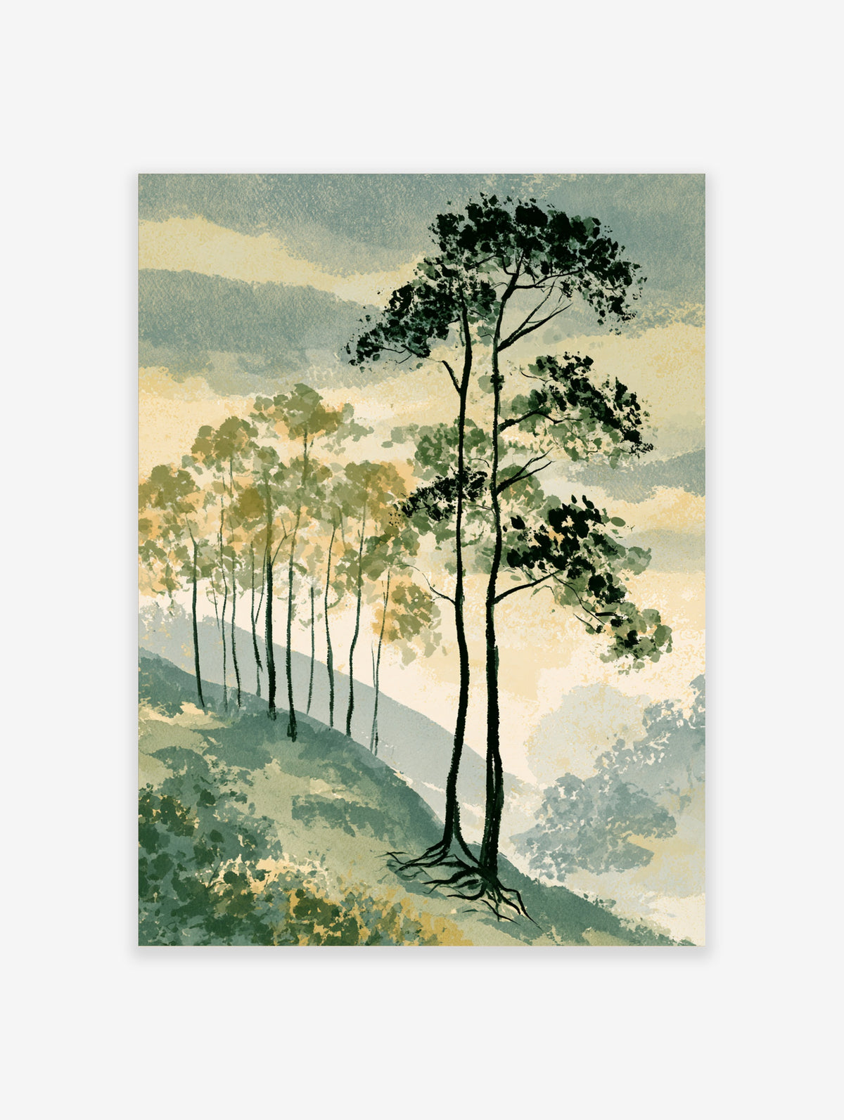 Green tree poster of two tall pines with exposed roots on a misty hillside, slender trees and layered clouds behind