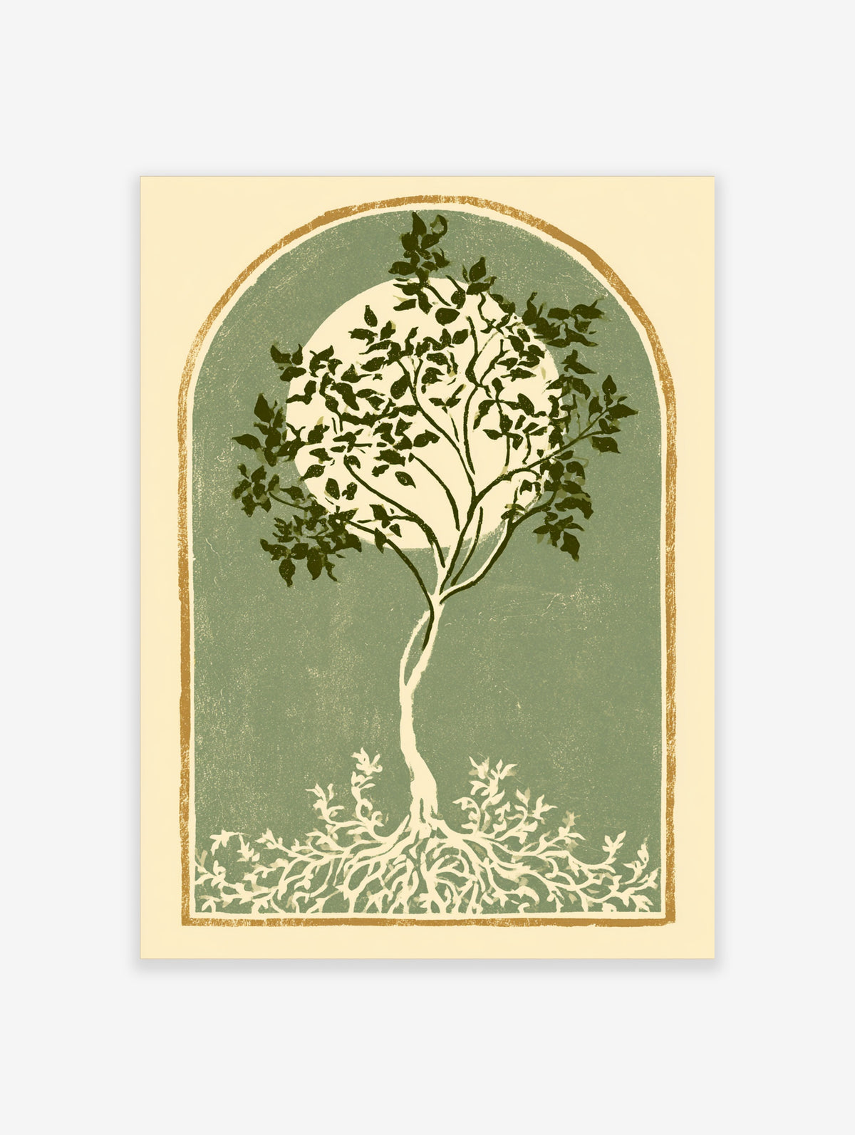 Green tree silhouette with full moon and roots on sage background art print