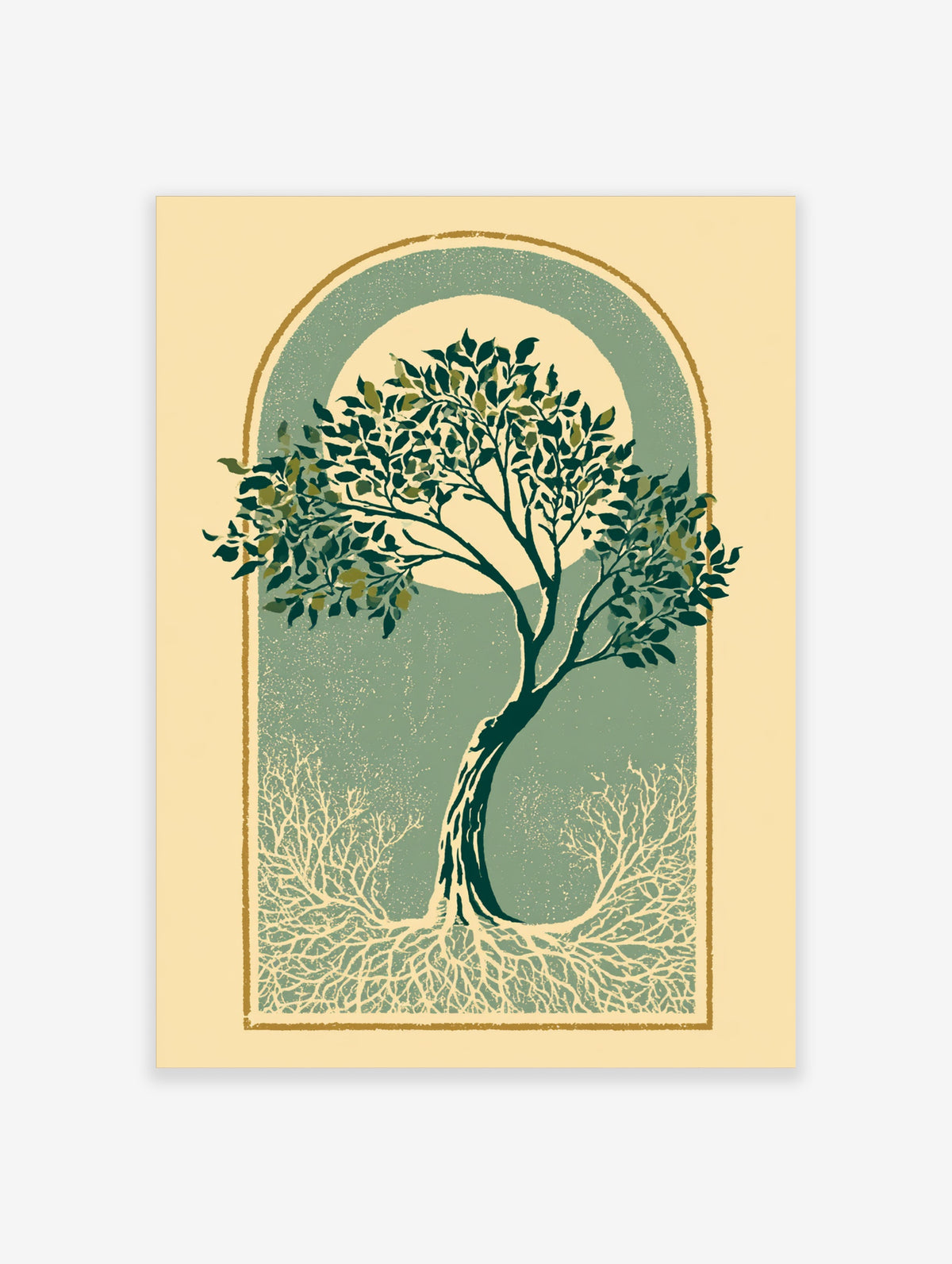 Green tree botanical illustration with arched border and pale sun on teal background