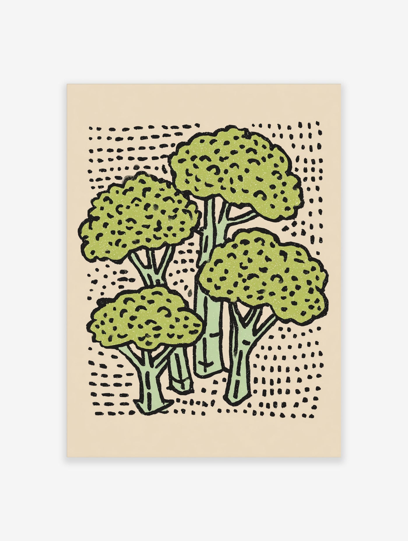 Four stylised green trees with black outlines on beige dotted background, botanical illustration print