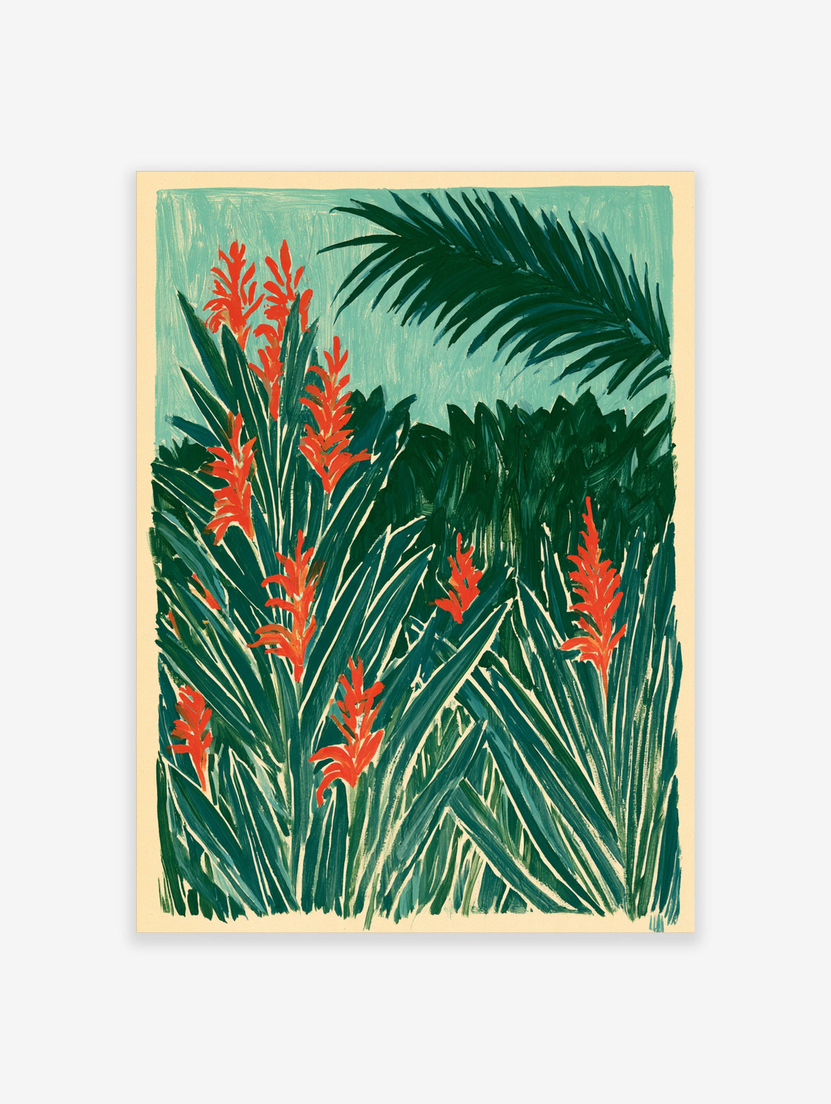 Tropical leaf wall art with dark green palm fronds and red ginger flowers on a teal background