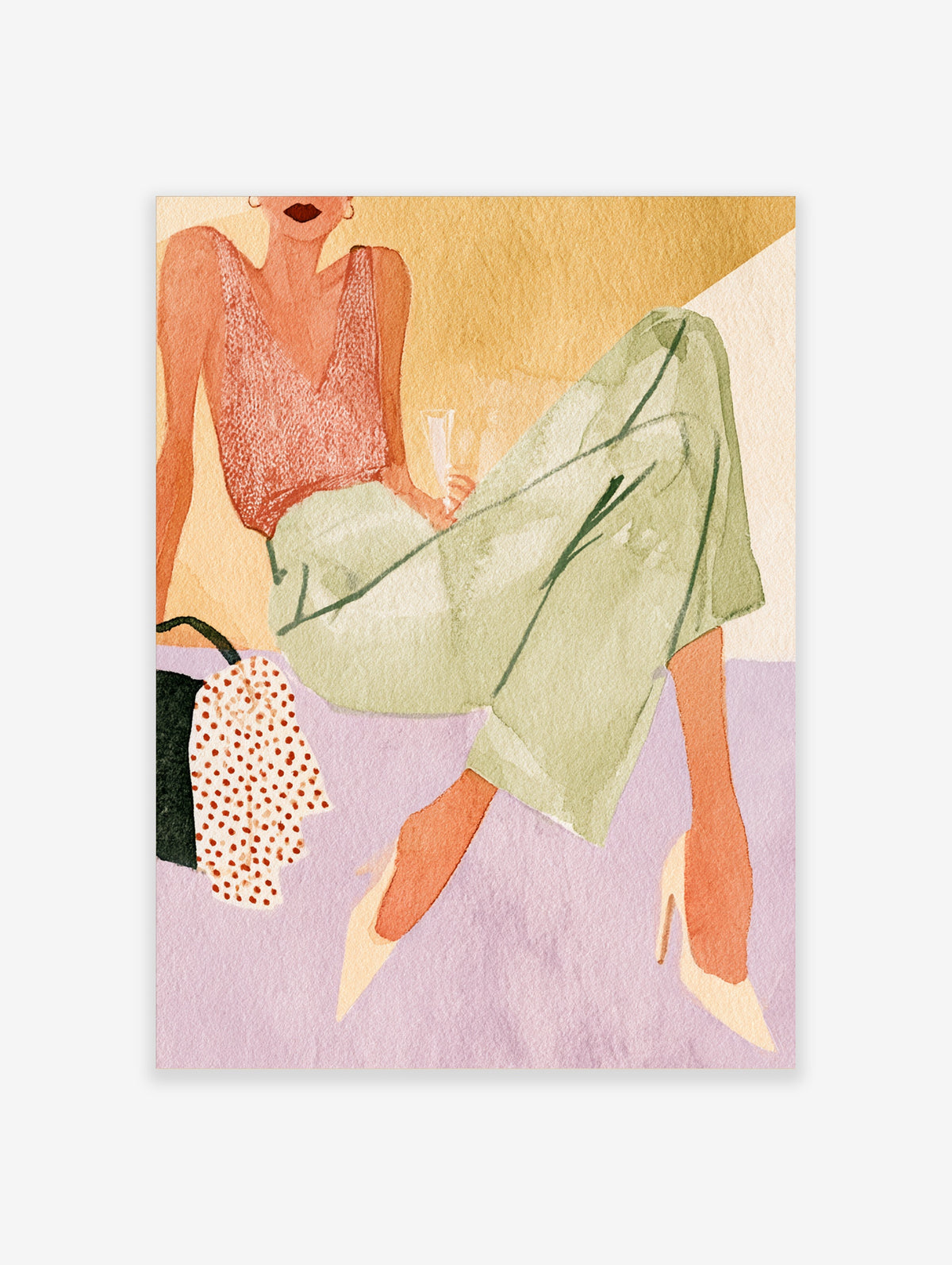 Fashion illustration poster of a seated woman in a coral top and green trousers holding a glass