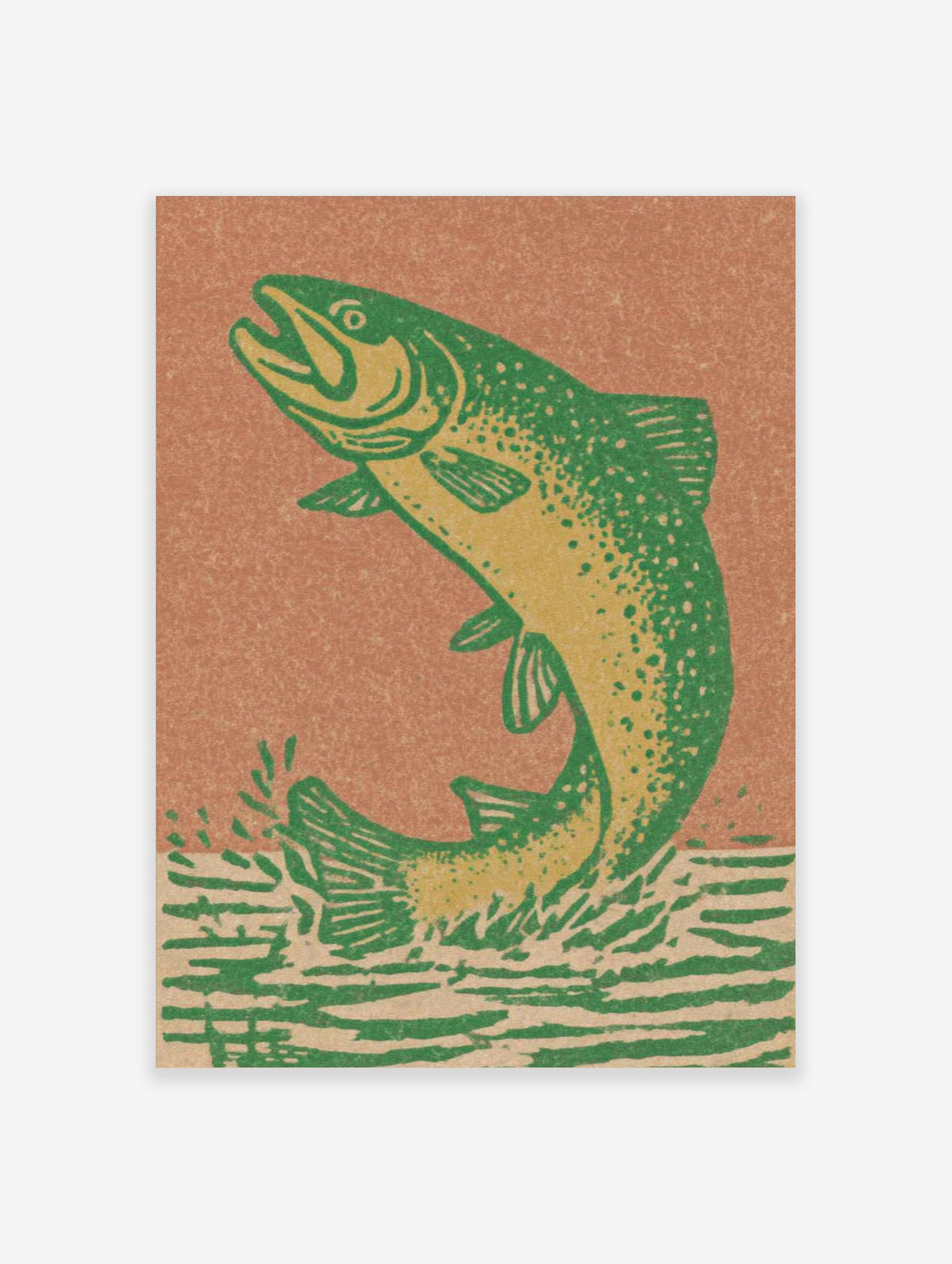 Green trout leaping from water on an orange background, vintage style animal poster