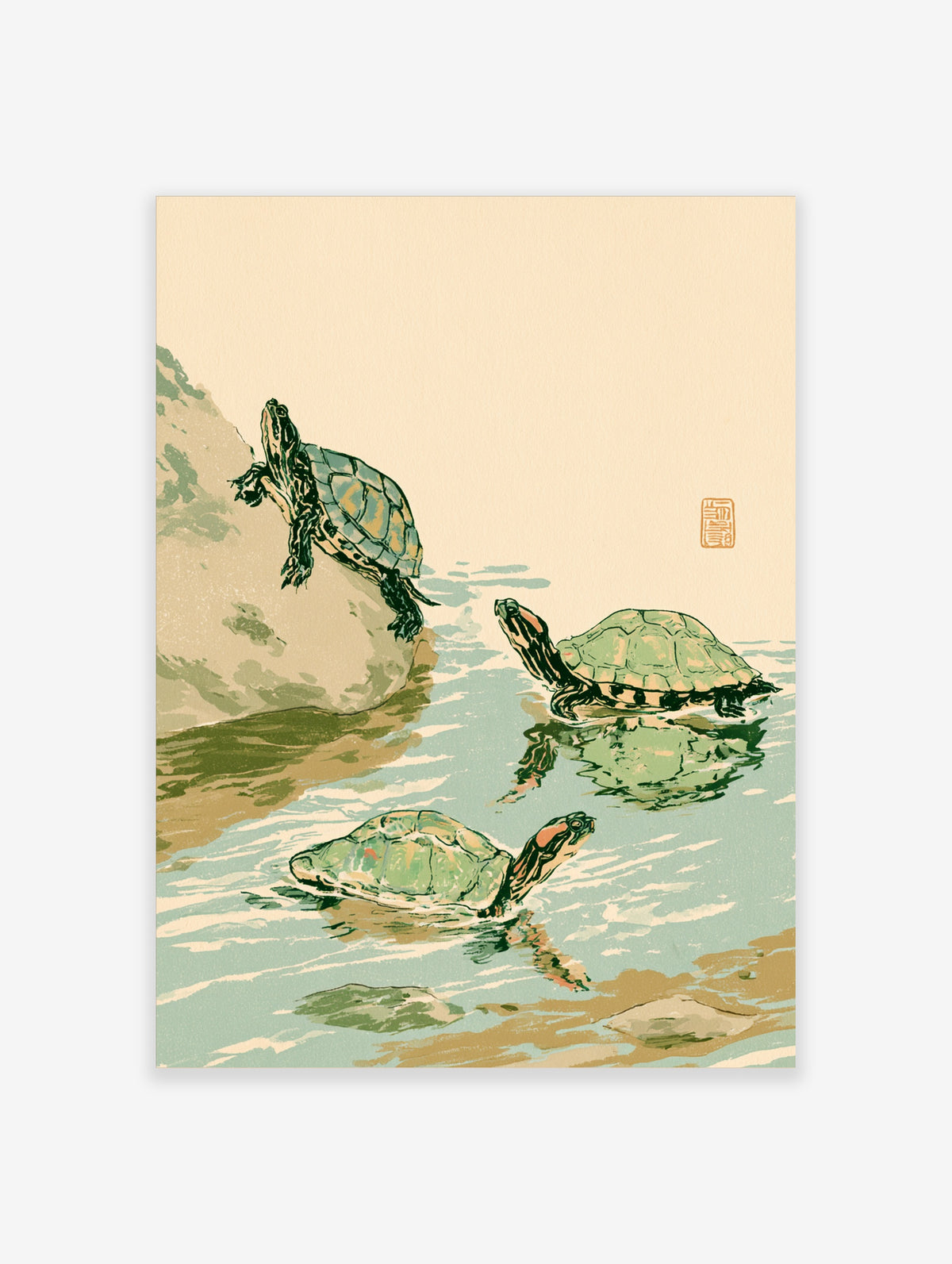 Japanese-style green turtle poster with three pond turtles, one on a rock and two swimming