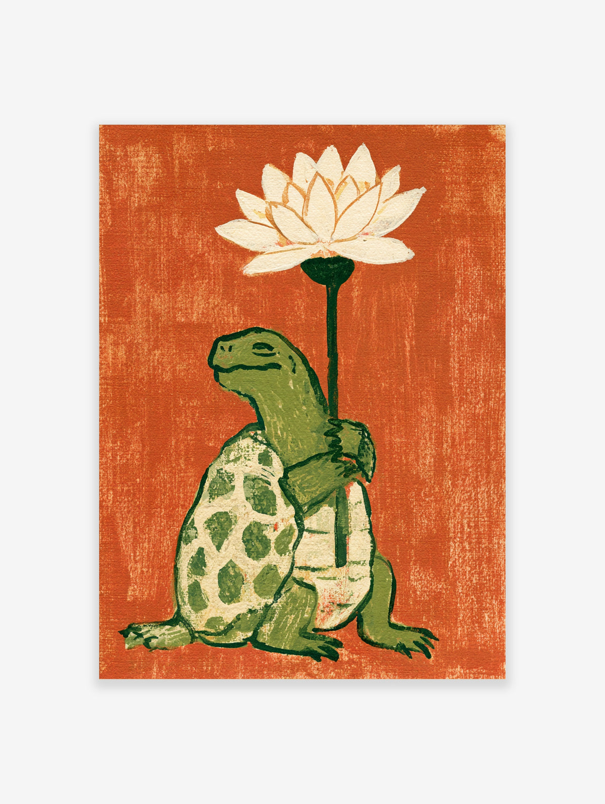 Green turtle holding a white lotus flower on an orange textured background art print