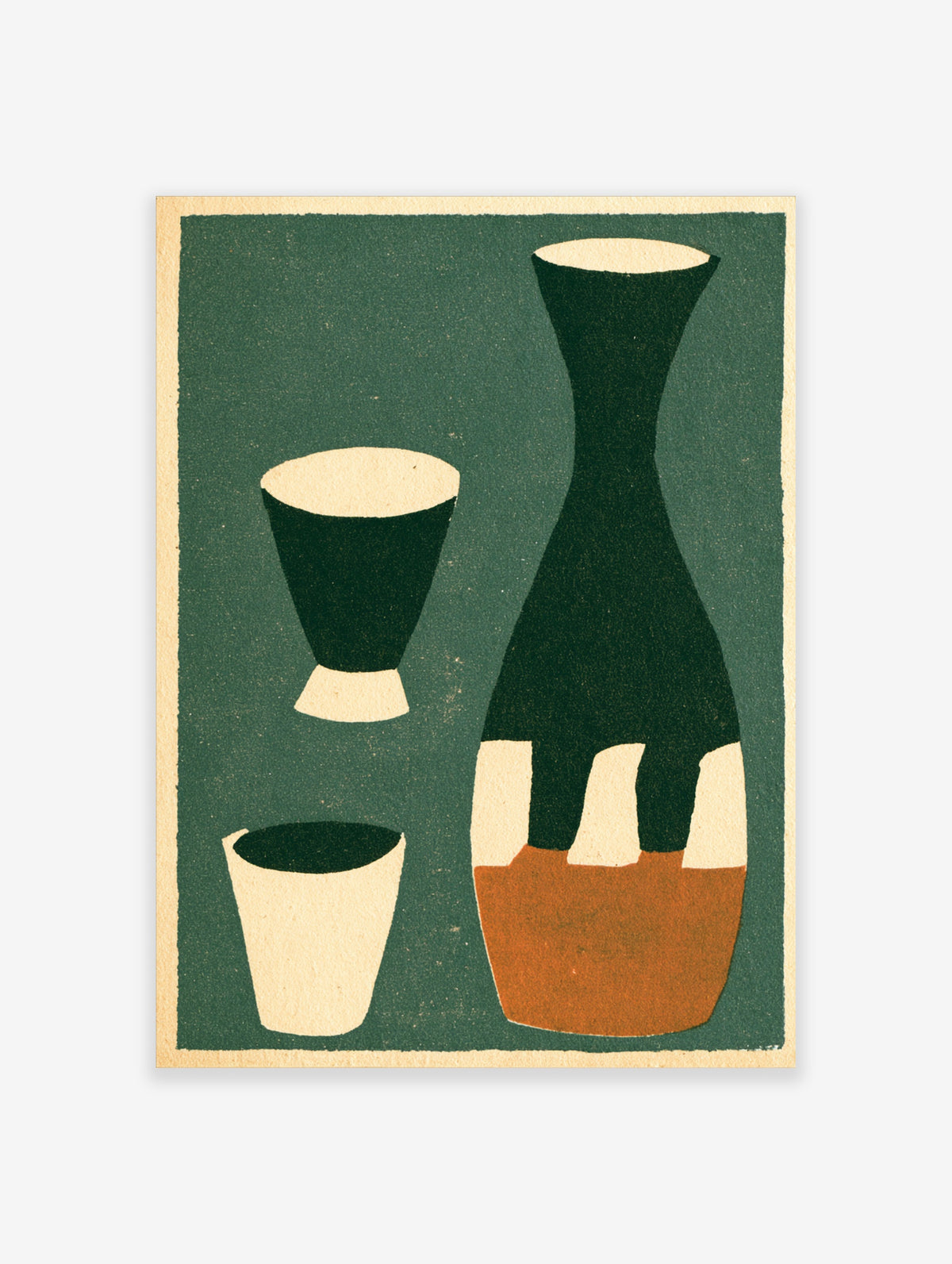 Minimalist still life poster with dark green vase and two cups on teal background