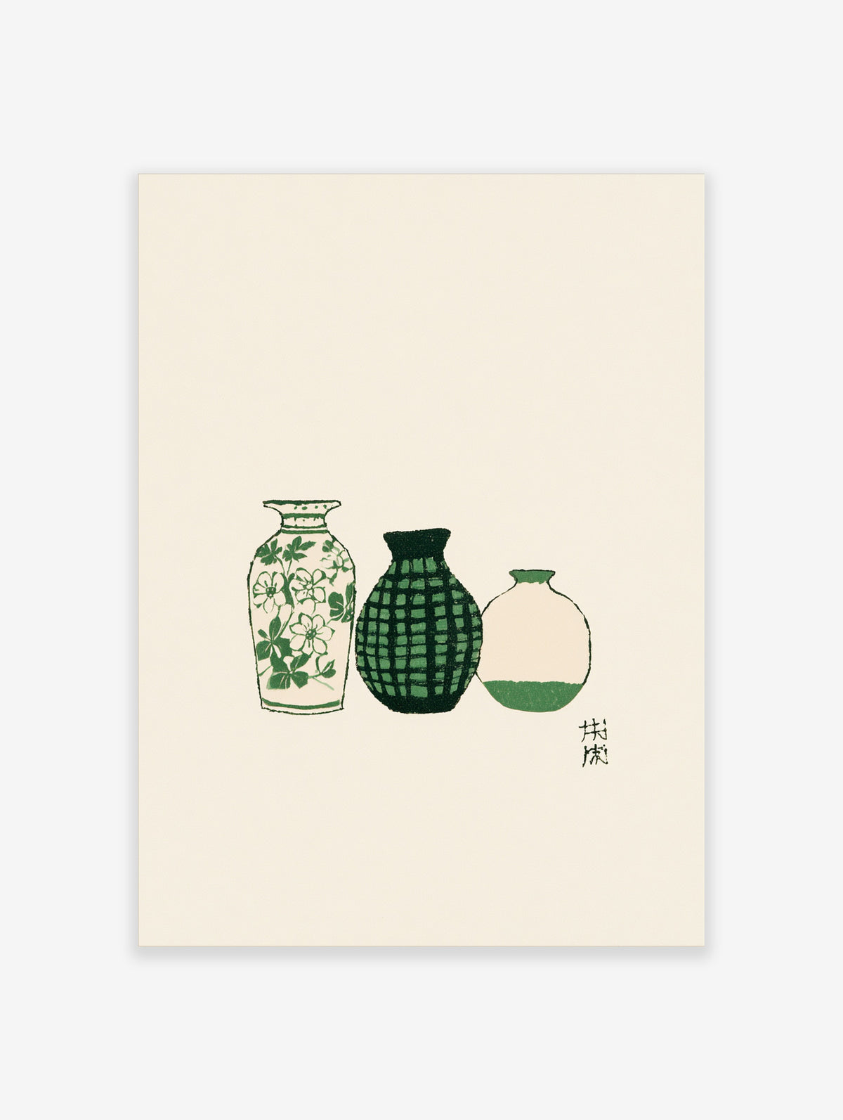 Three green ceramic vases with floral and check patterns on a cream background, botanical still life print