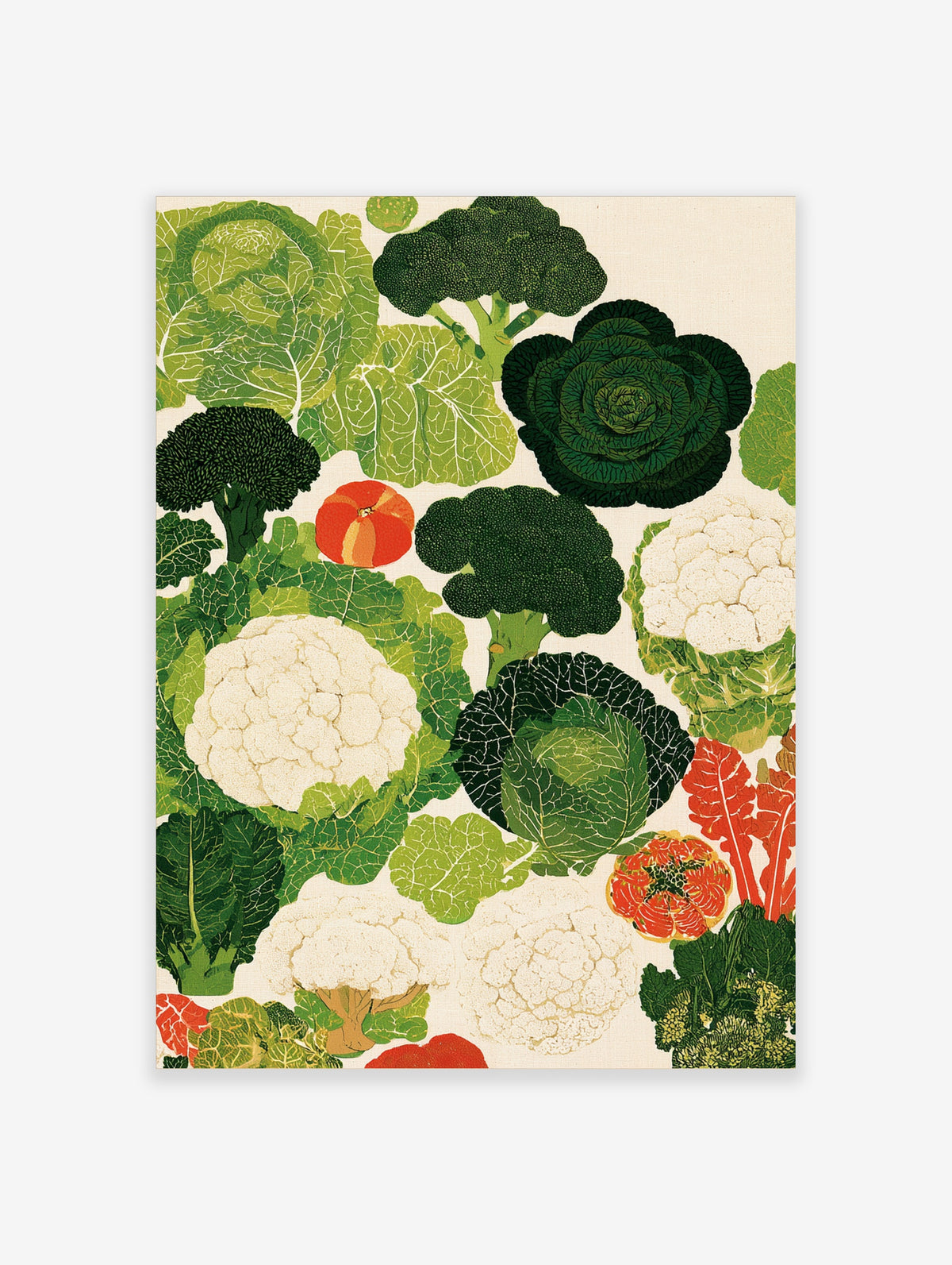 Green vegetable poster with cabbage, broccoli, cauliflower and tomatoes on cream background