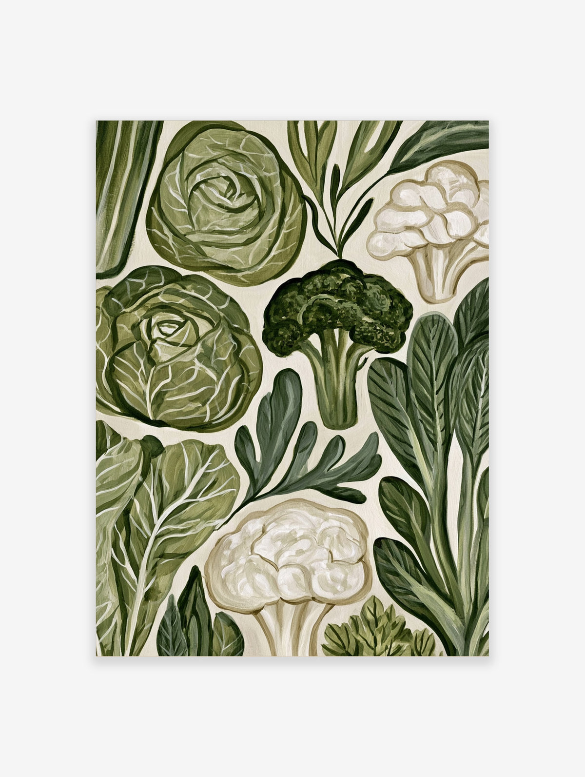 Green vegetable art print with cabbage, broccoli and cauliflower on cream background
