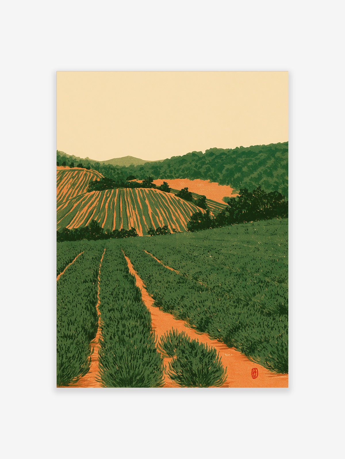 Green vineyard landscape art print with rolling hills, orange soil, and rows of vines under a pale sky