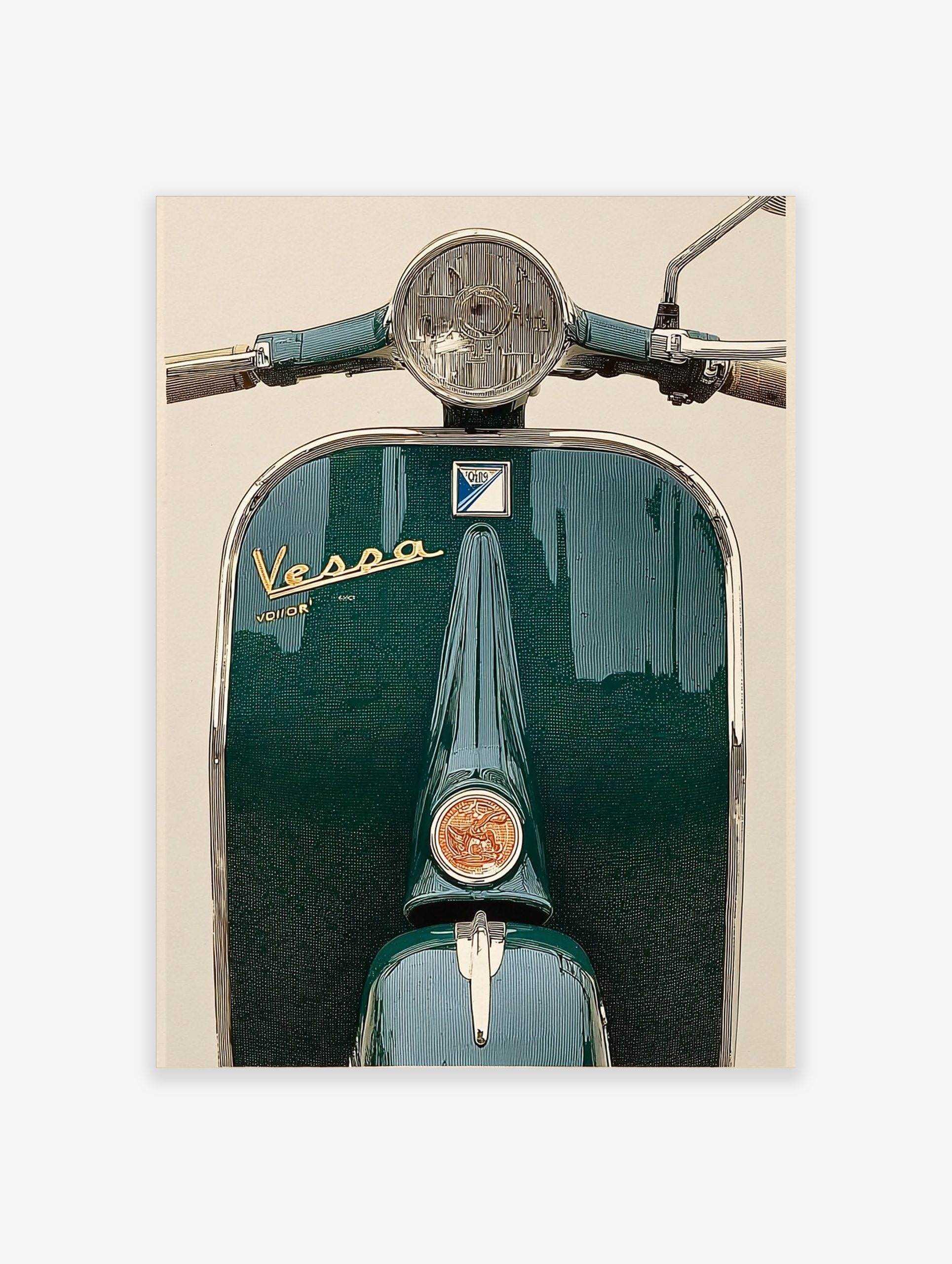 Close-up of a dark green vintage Vespa scooter front, with chrome headlight and gold Vespa script