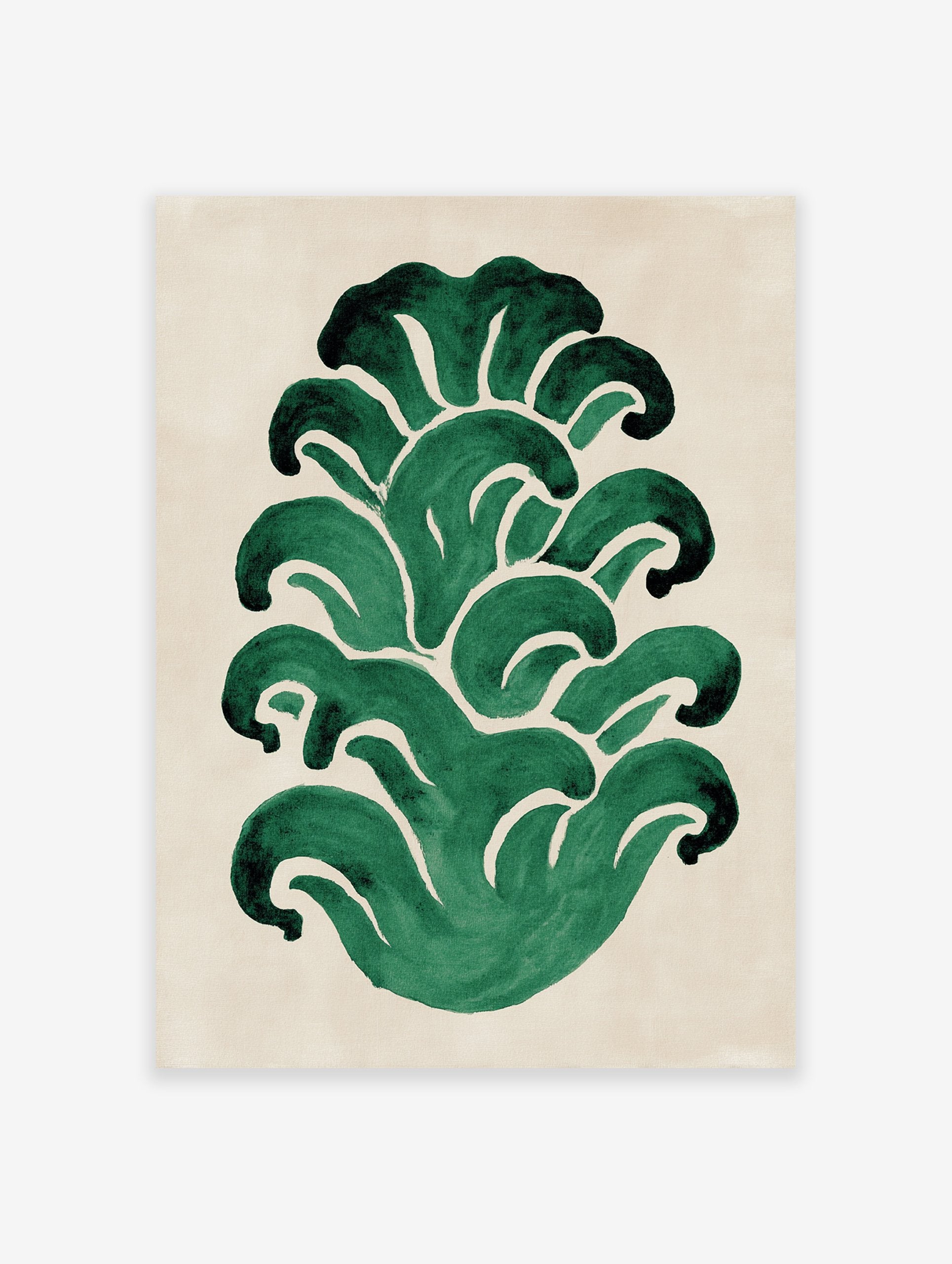 Abstract green botanical leaves wall art print on a light beige background, featuring hand-painted organic shapes.
