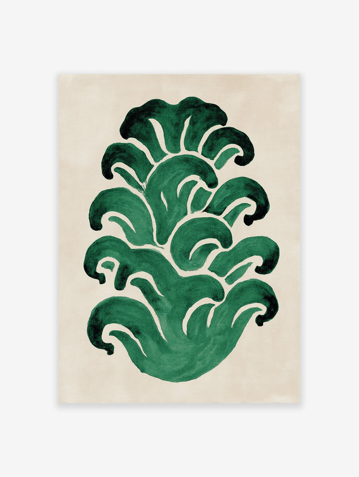 Abstract green botanical leaves wall art print on a light beige background, featuring hand-painted organic shapes.