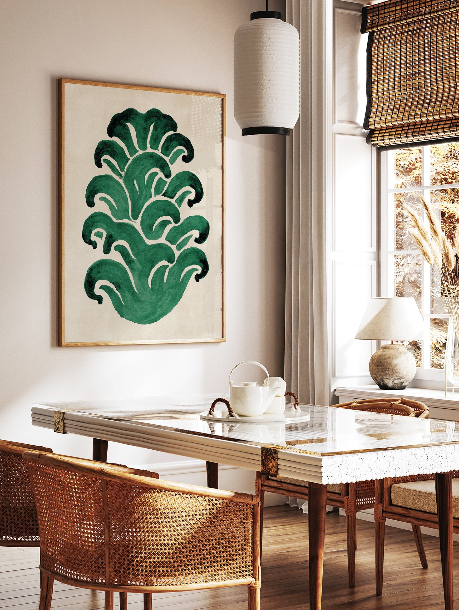 Abstract green botanical leaves wall art print on a light beige background, featuring hand-painted organic shapes. - Image 2