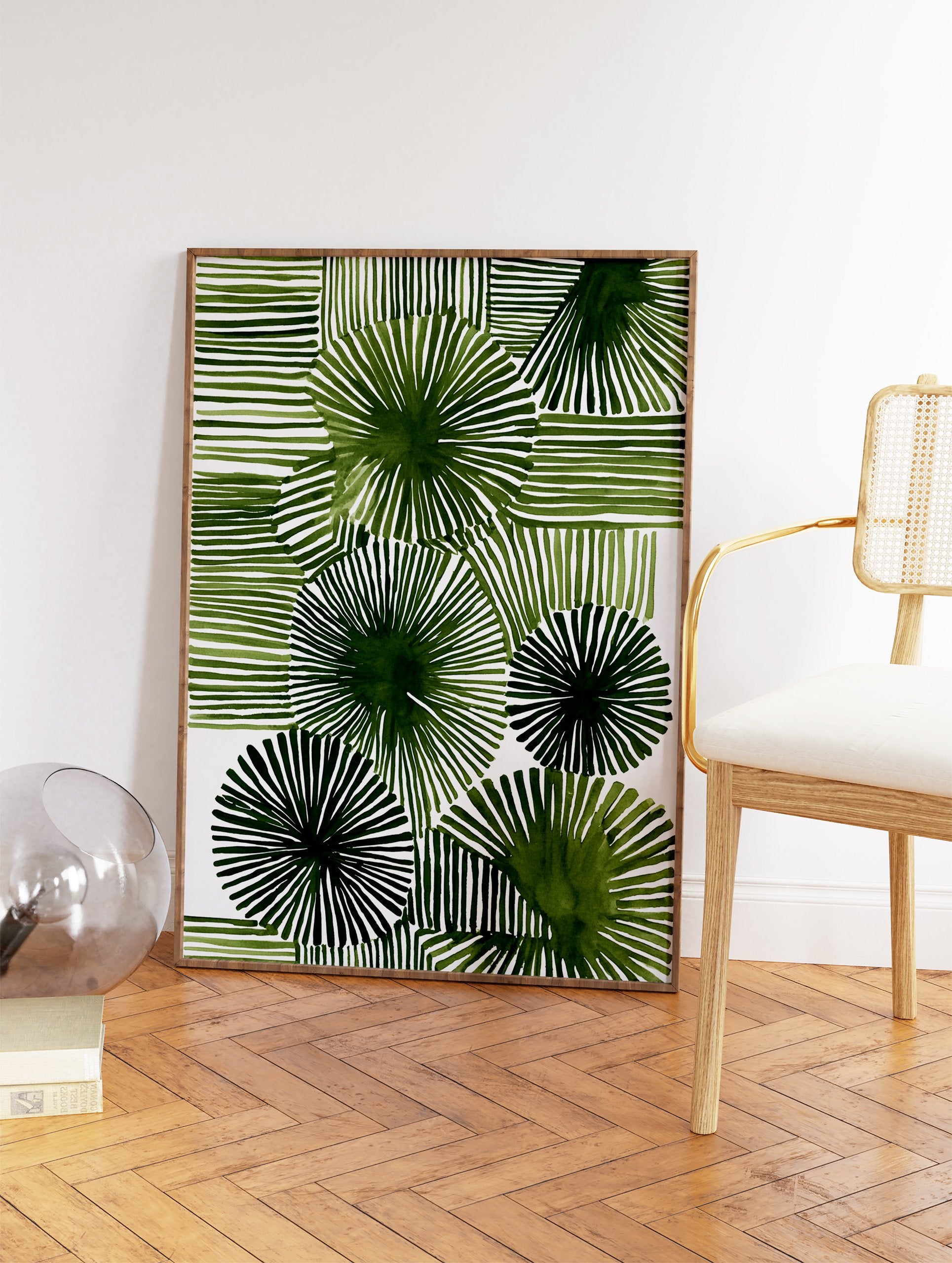 Abstract dark green lines forming radial and horizontal patterns on a white background, modern green wall art. - Image 2