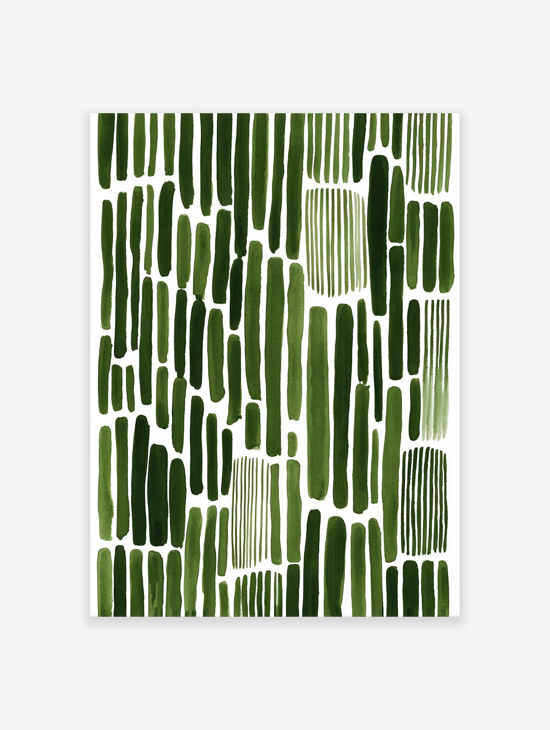 Abstract green brushstroke pattern wall art print on a white background, featuring varying vertical strokes.