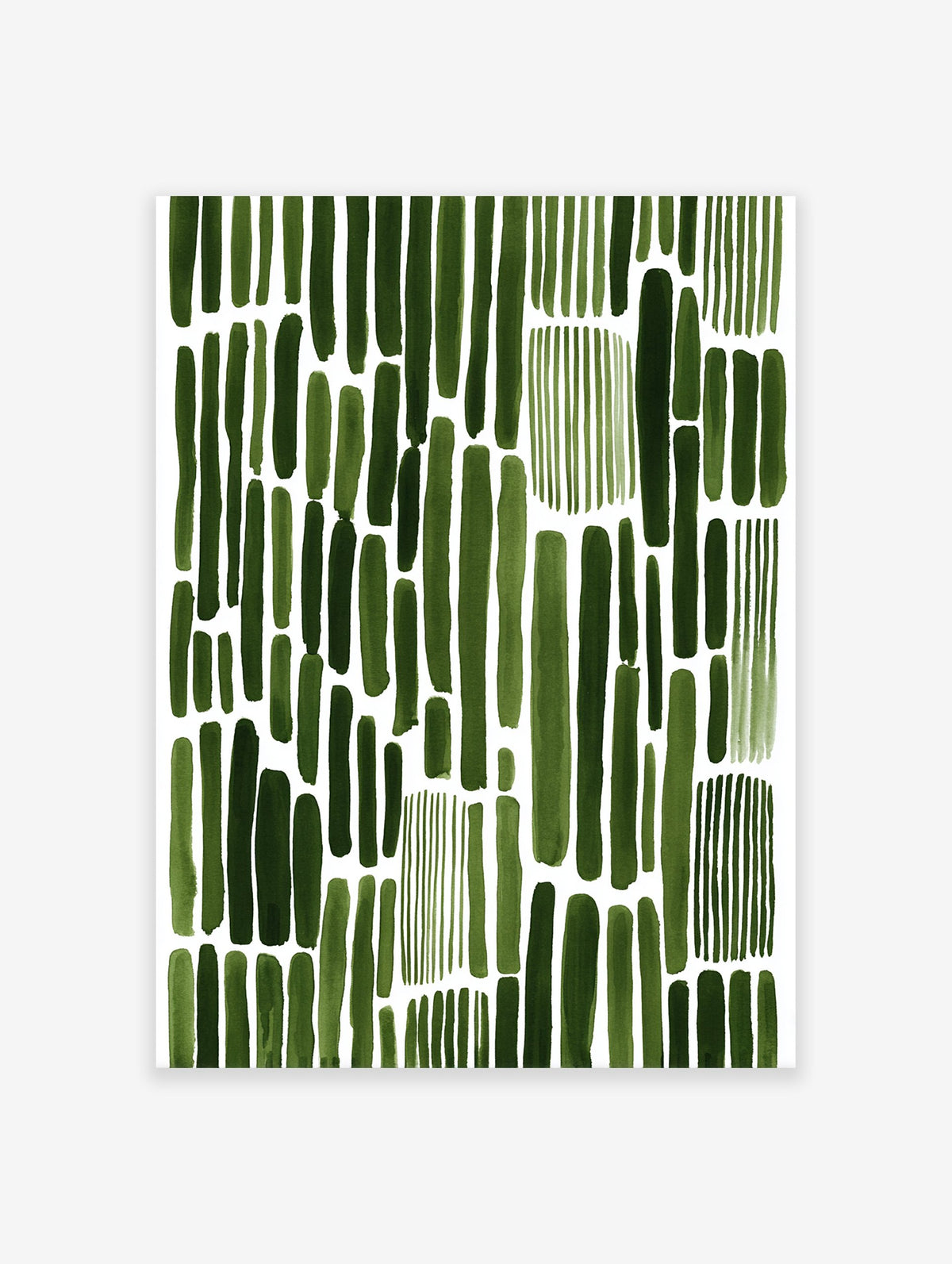 Abstract green brushstroke pattern wall art print on a white background, featuring varying vertical strokes.