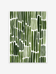 Abstract green brushstroke pattern wall art print on a white background, featuring varying vertical strokes.