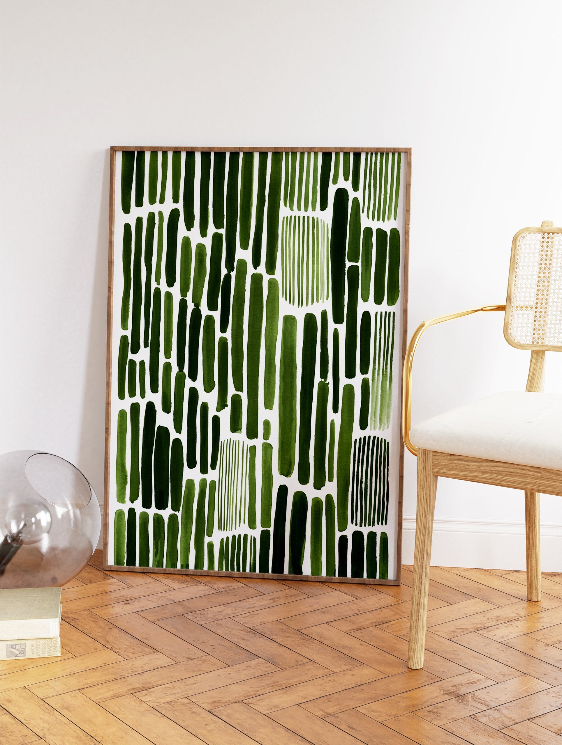 Abstract green brushstroke pattern wall art print on a white background, featuring varying vertical strokes. - Image 2