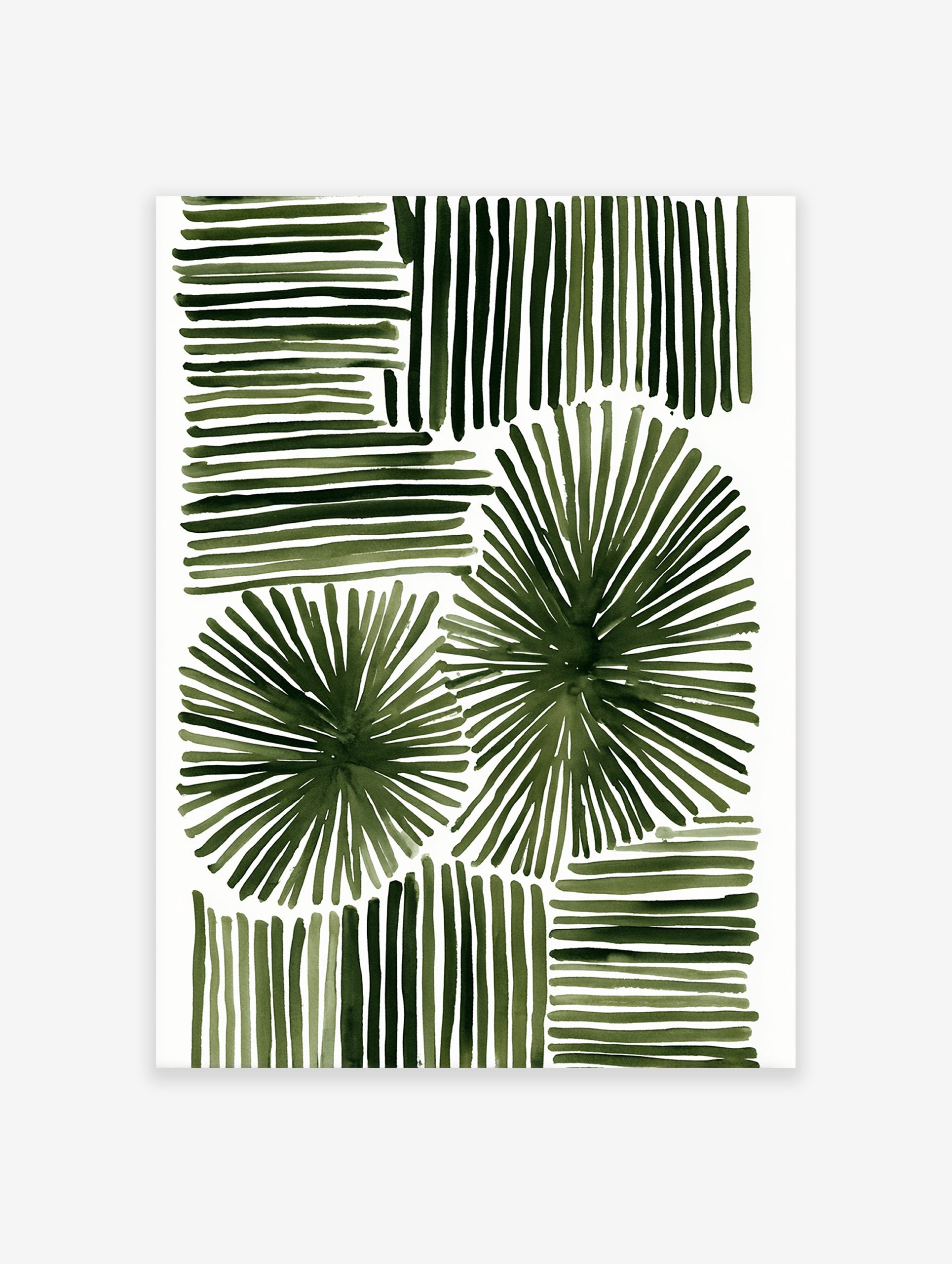 Green abstract botanical wall art with horizontal, vertical, and radial brushstrokes on a white background.