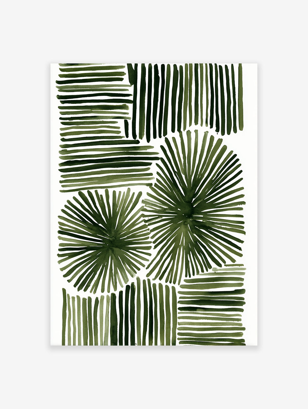 Green abstract botanical wall art with horizontal, vertical, and radial brushstrokes on a white background.