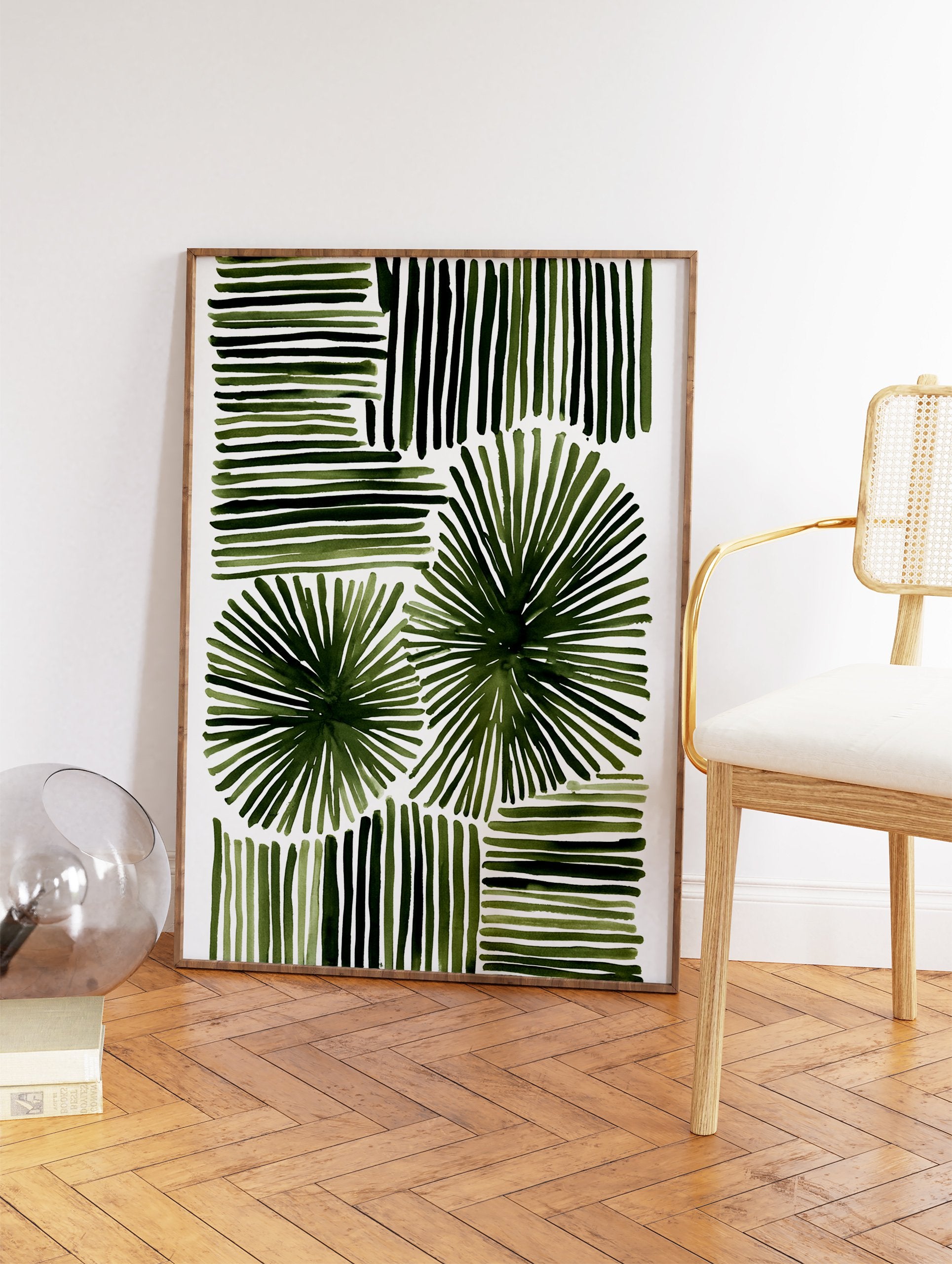 Green abstract botanical wall art with horizontal, vertical, and radial brushstrokes on a white background. - Image 2