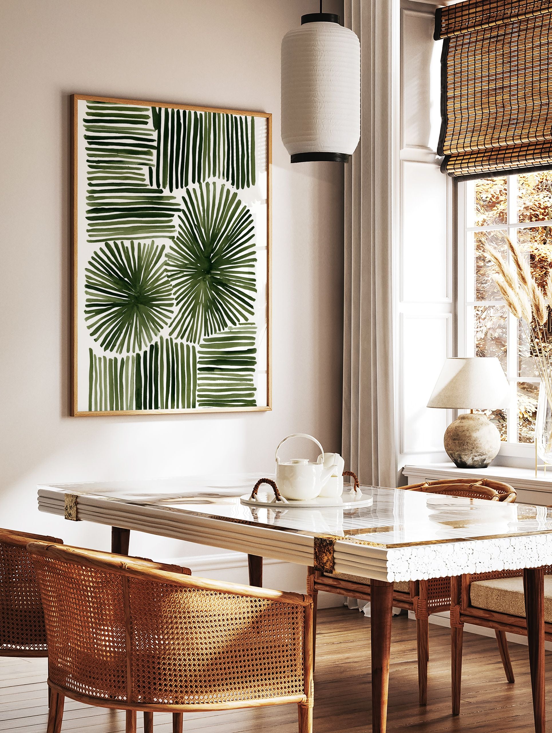 Green abstract botanical wall art with horizontal, vertical, and radial brushstrokes on a white background. - Image 3
