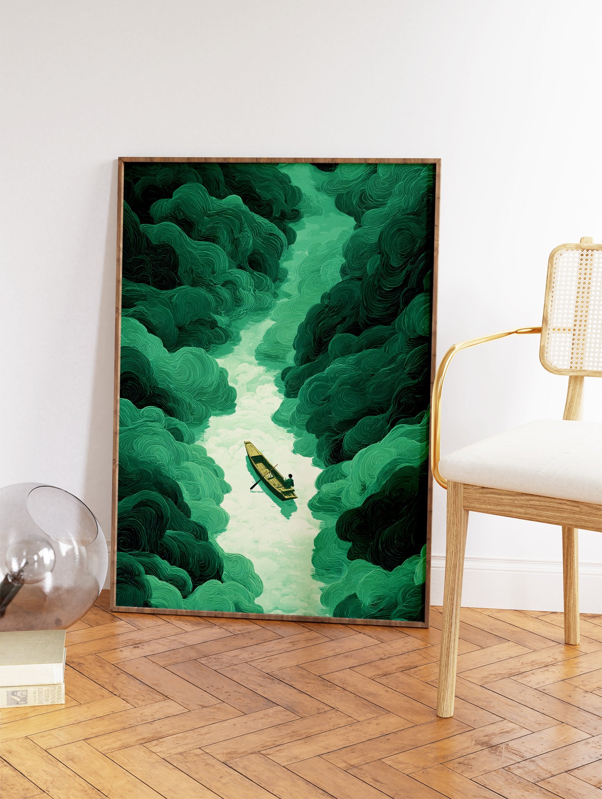 Illustration of a lone boat with a person rowing on a light green river surrounded by dark green swirling landscapes. - Image 2