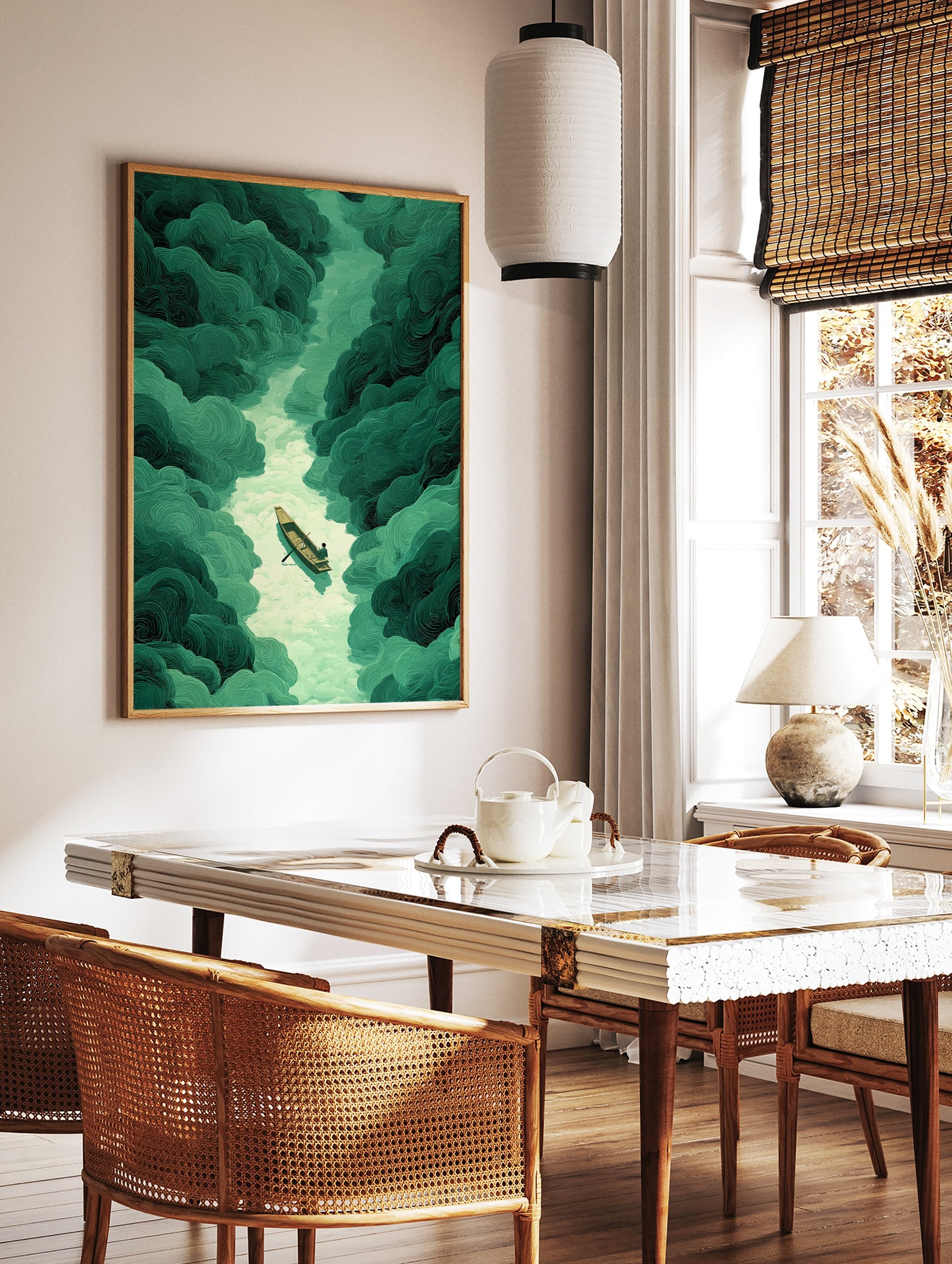 Illustration of a lone boat with a person rowing on a light green river surrounded by dark green swirling landscapes. - Image 3
