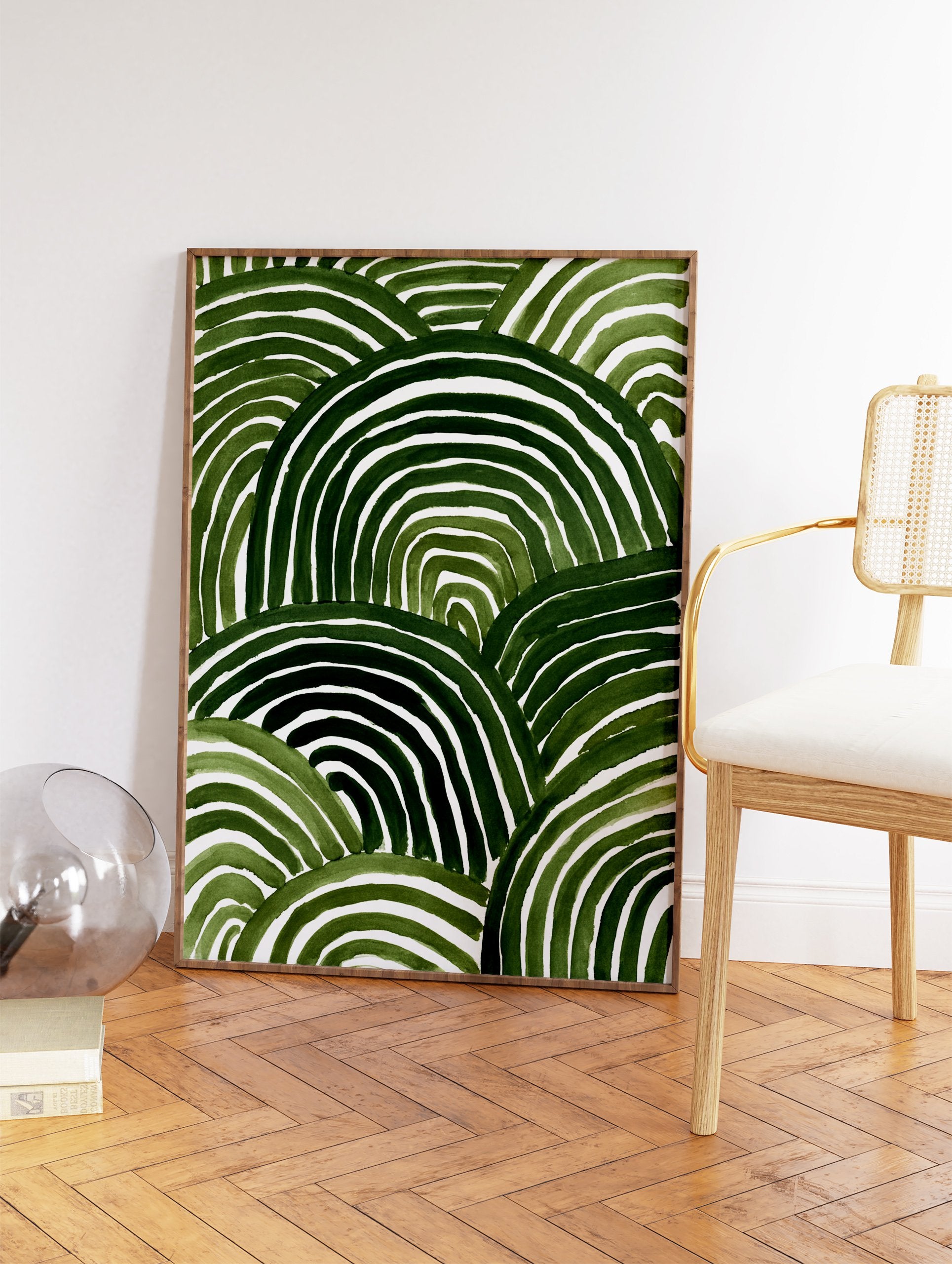 Abstract green watercolor stripes forming organic shapes on a white background, suggesting rolling hills or waves. - Image 2