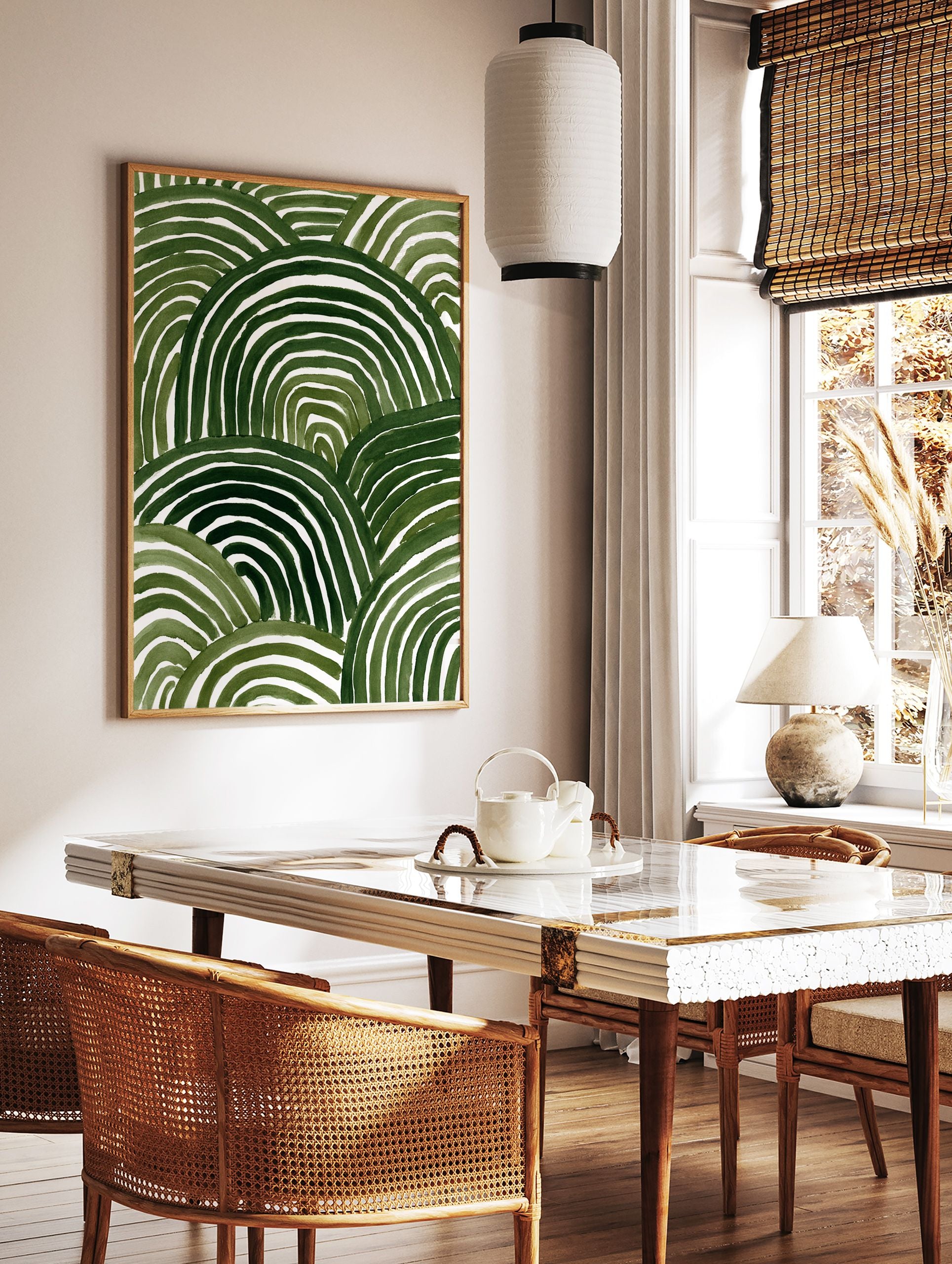 Abstract green watercolor stripes forming organic shapes on a white background, suggesting rolling hills or waves. - Image 3